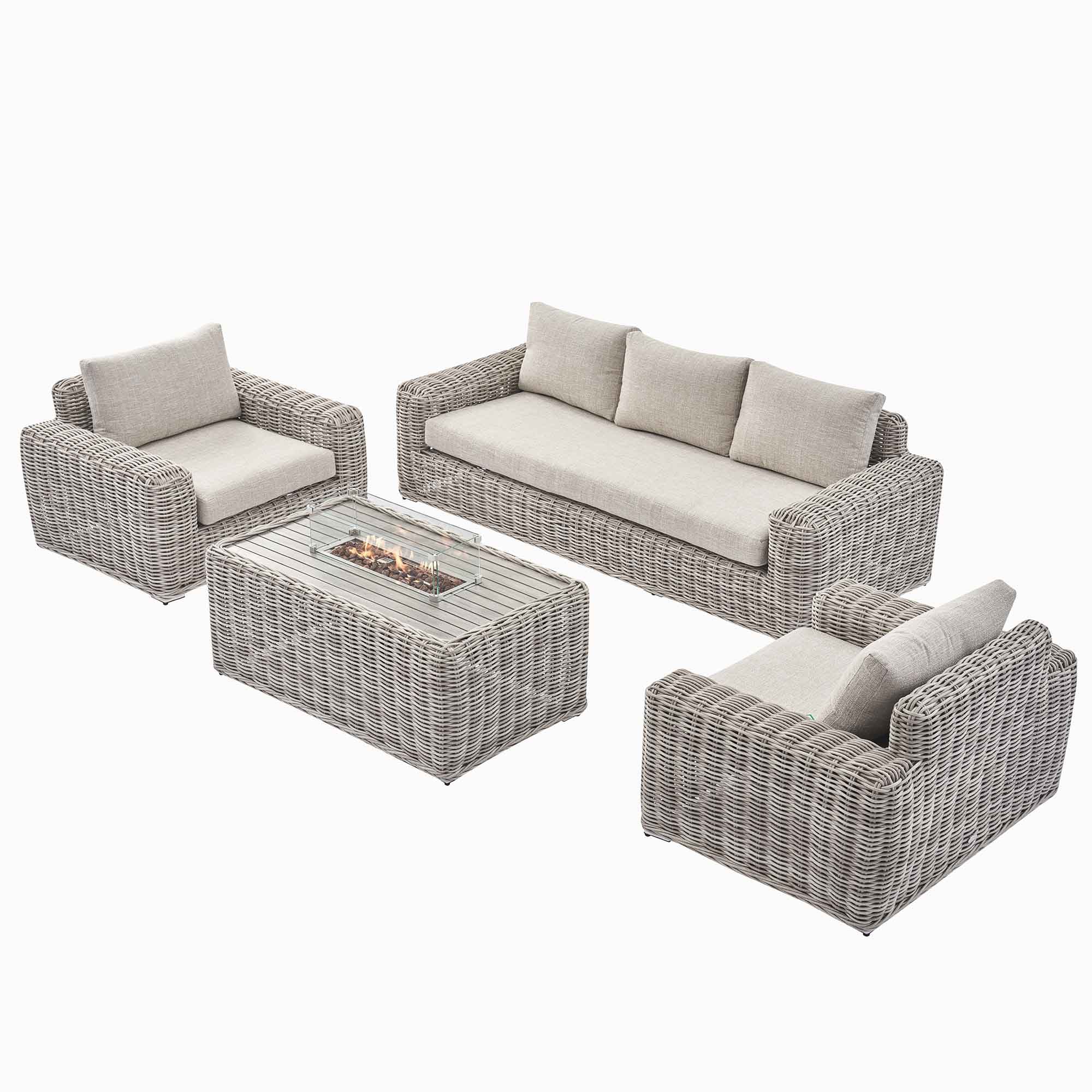 Bellagio Round Wicker Sofa Set with Firepit Coffee Table, Light Grey - Image 4