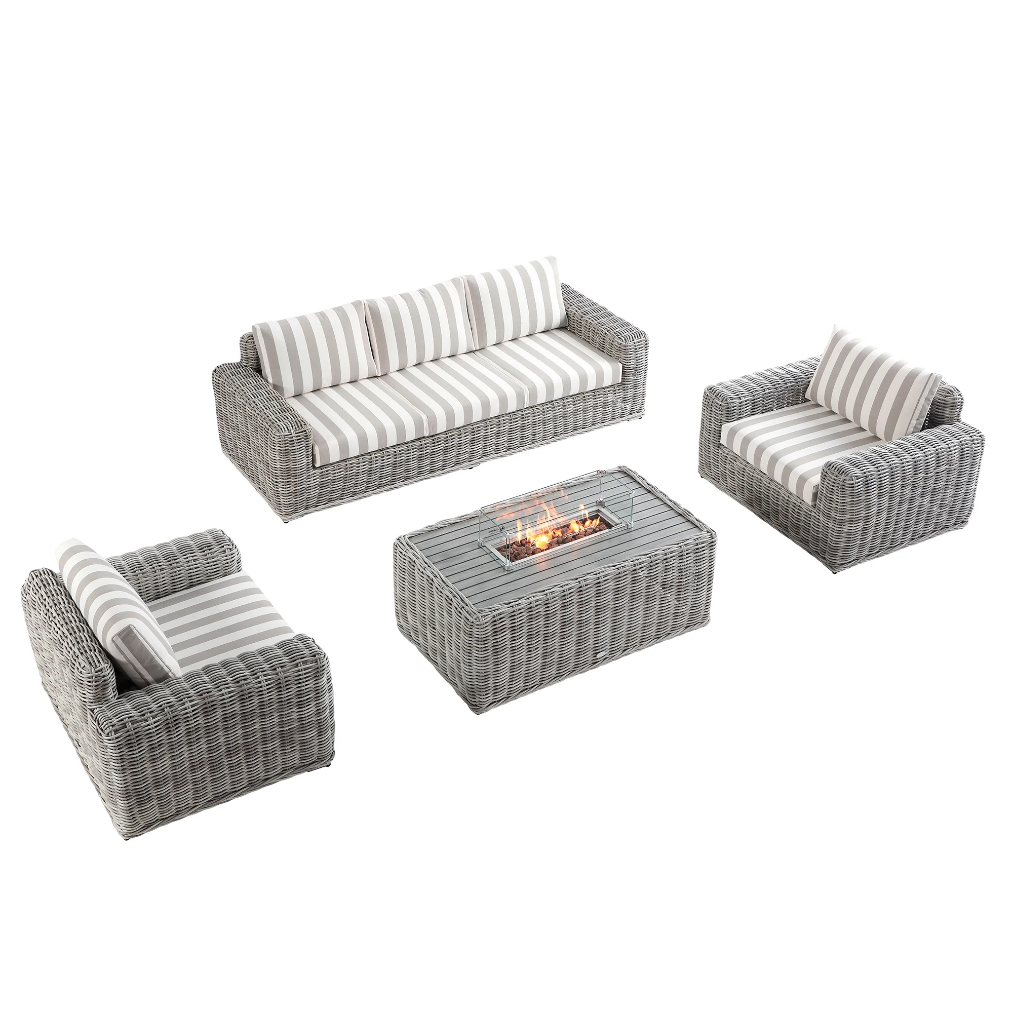 Bellagio Round Wicker Sofa Set with Firepit Coffee Table, Light Grey with Taupe Stripe - Image 10