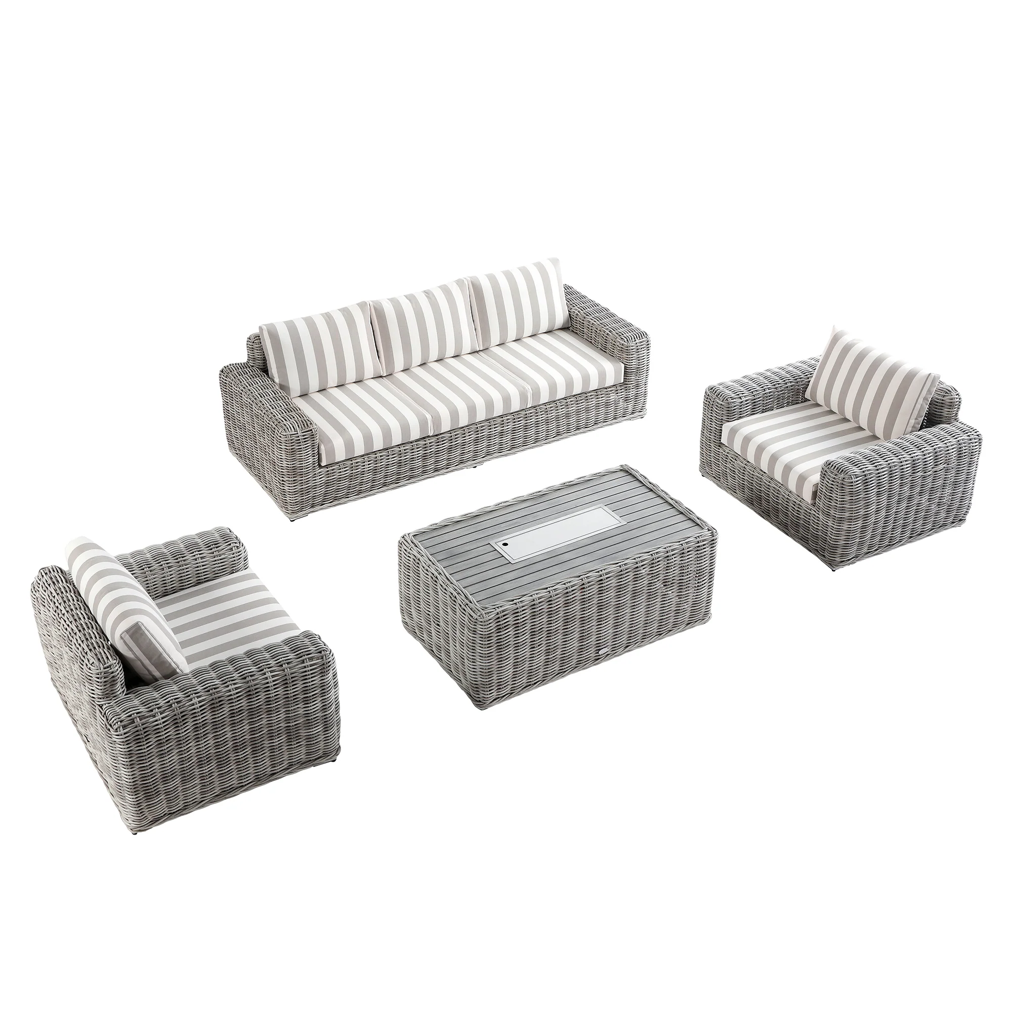 Bellagio Round Wicker Sofa Set with Firepit Coffee Table, Light Grey with Taupe Stripe - Image 11