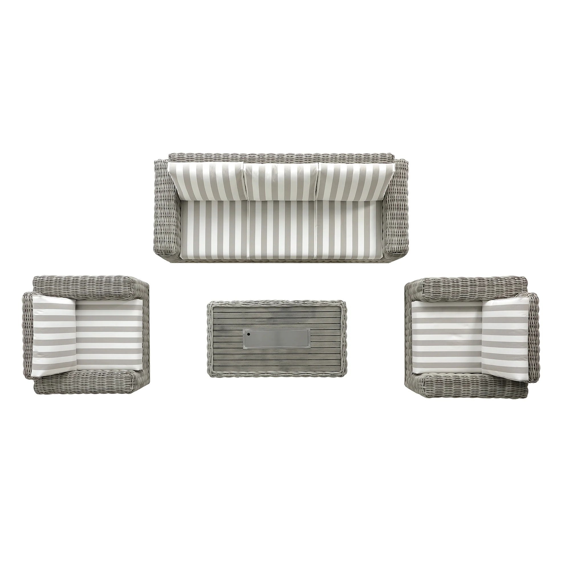 Bellagio Round Wicker Sofa Set with Firepit Coffee Table, Light Grey with Taupe Stripe - Image 12