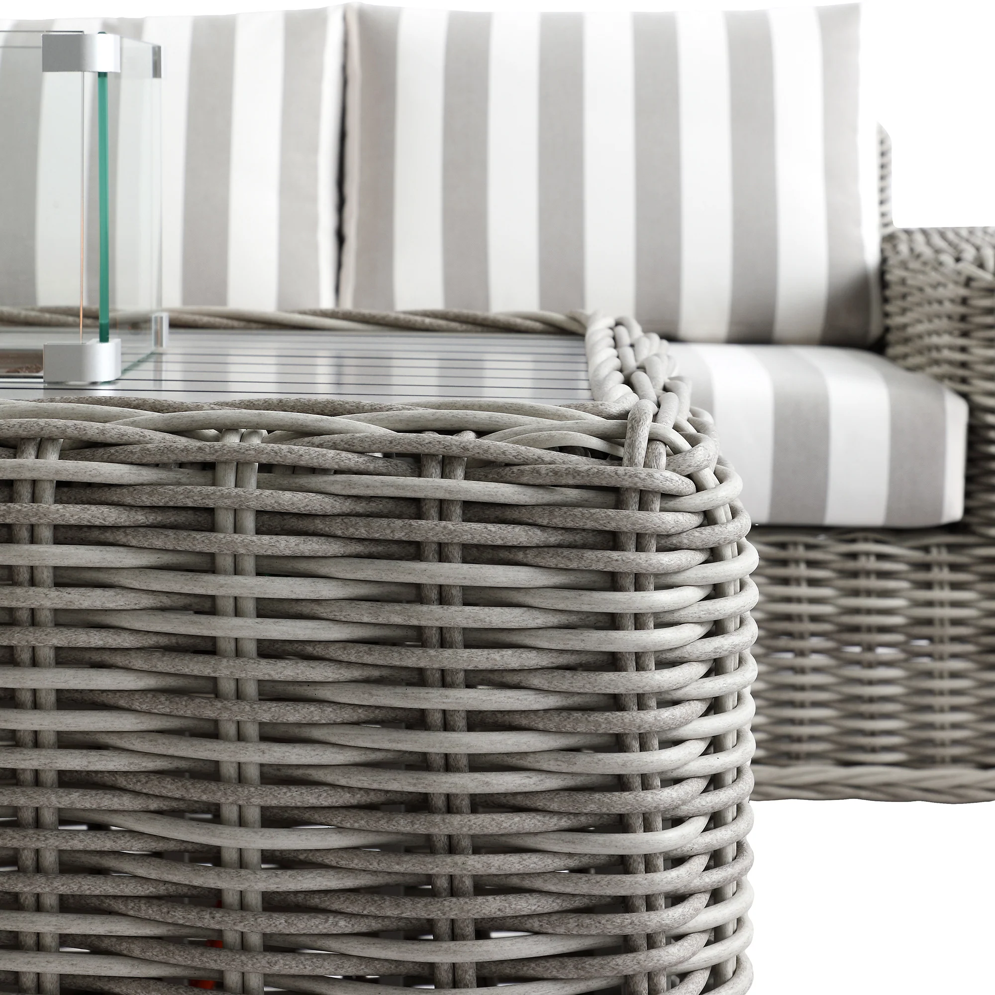 Bellagio Round Wicker Sofa Set with Firepit Coffee Table, Light Grey with Taupe Stripe - Image 15