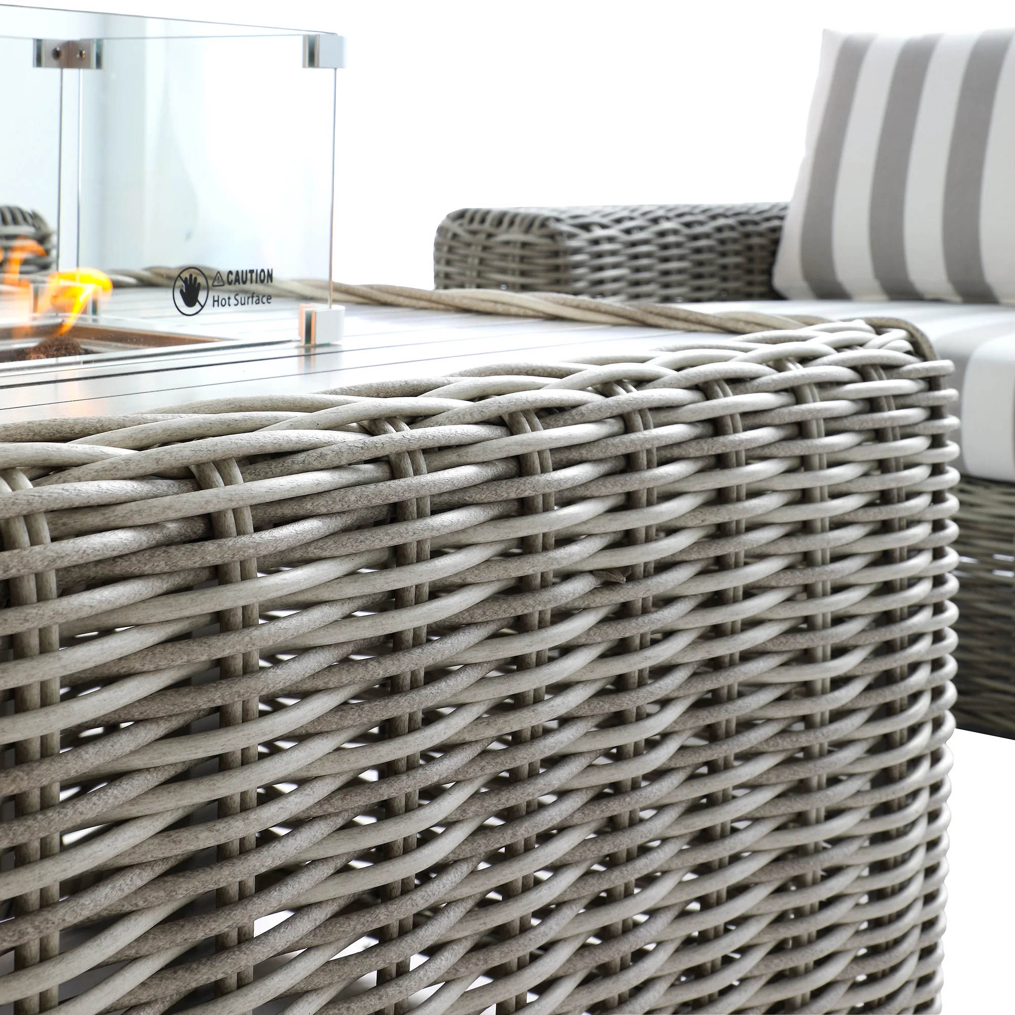 Bellagio Round Wicker Sofa Set with Firepit Coffee Table, Light Grey with Taupe Stripe - Image 16