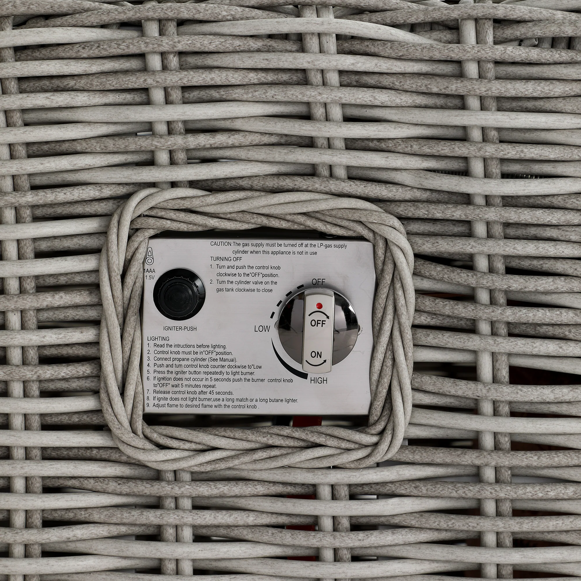 Bellagio Round Wicker Sofa Set with Firepit Coffee Table, Light Grey with Taupe Stripe - Image 17