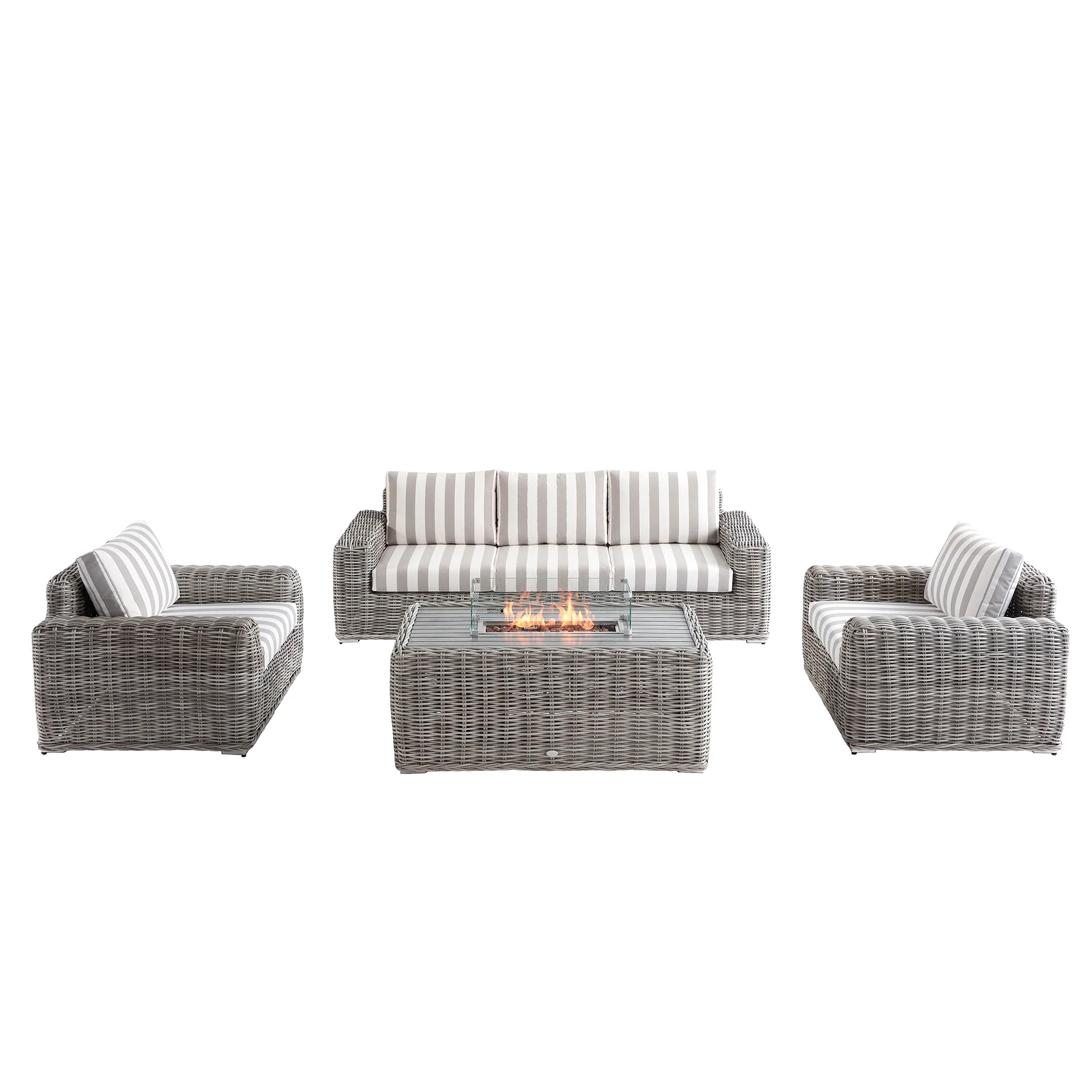 Bellagio Round Wicker Sofa Set with Firepit Coffee Table, Light Grey with Taupe Stripe - Image 7
