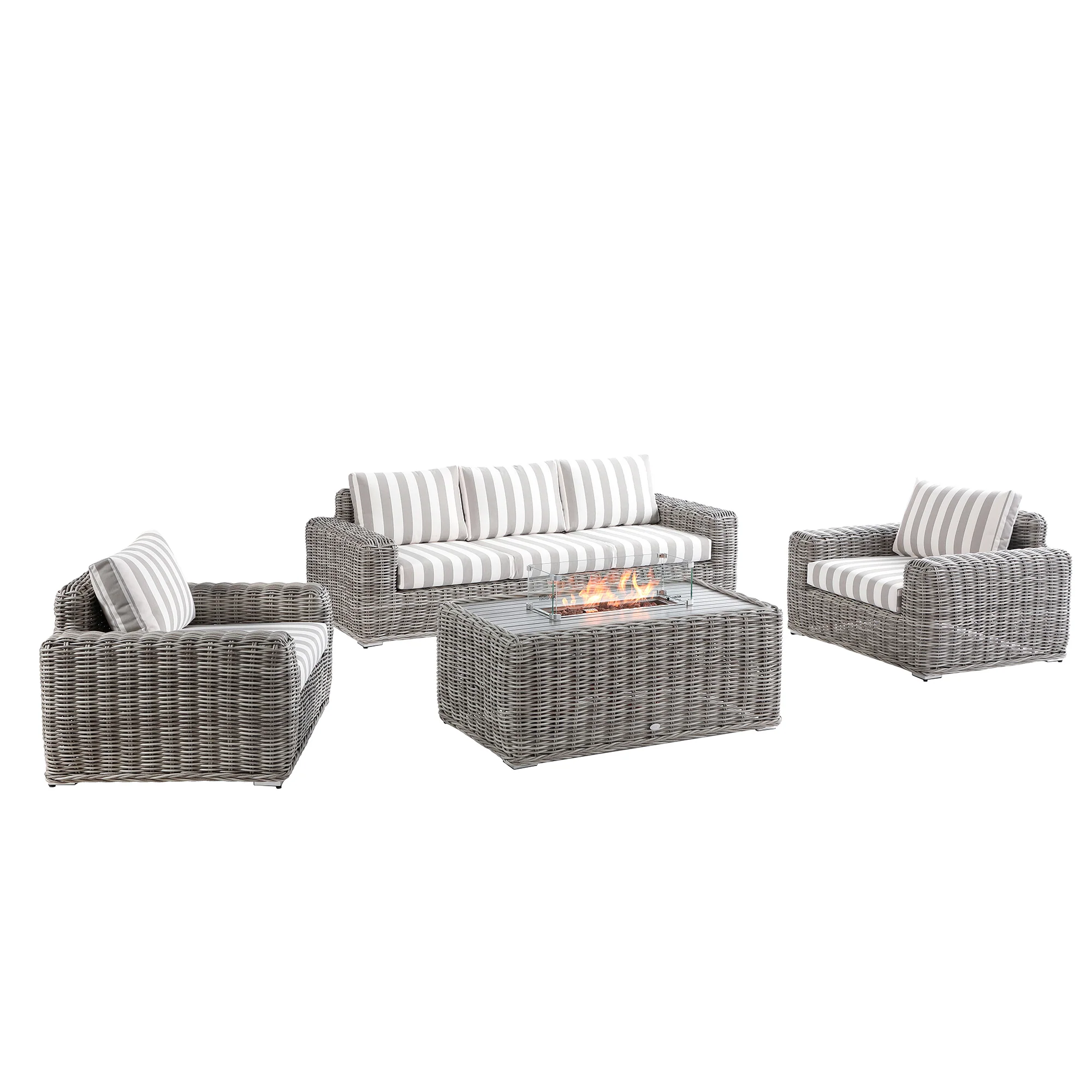 Bellagio Round Wicker Sofa Set with Firepit Coffee Table, Light Grey with Taupe Stripe - Image 8