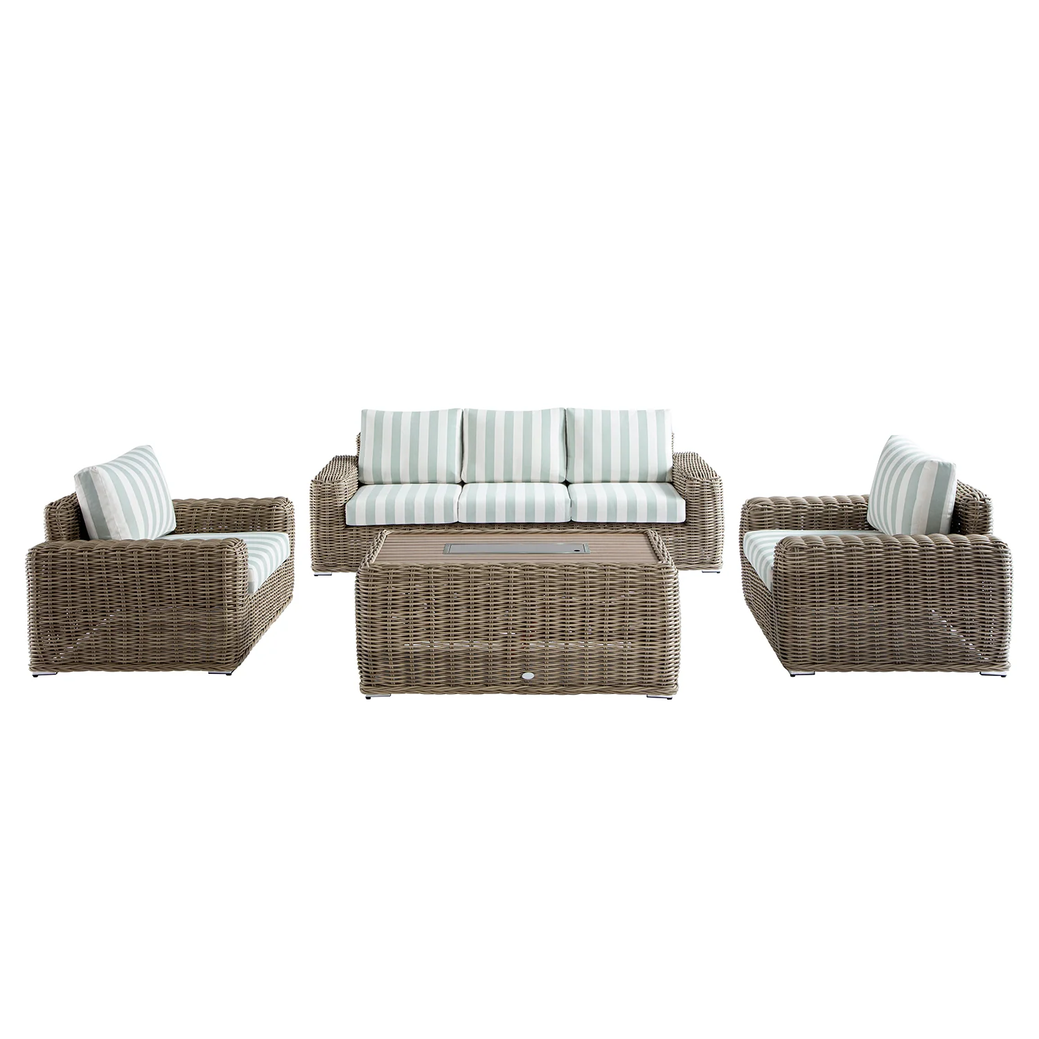 Bellagio Round Wicker Sofa Set with Firepit Coffee Table, Natural with Sage Stripe - Image 4