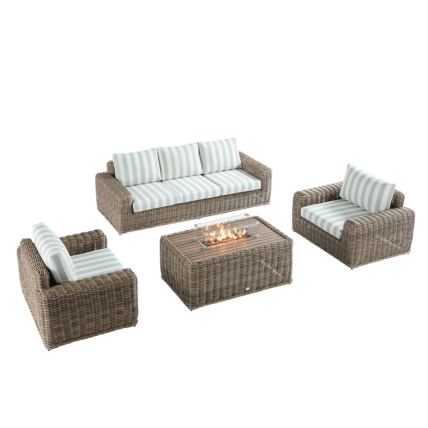 Bellagio Round Wicker Sofa Set with Firepit Coffee Table, Natural with Sage Stripe - Image 5