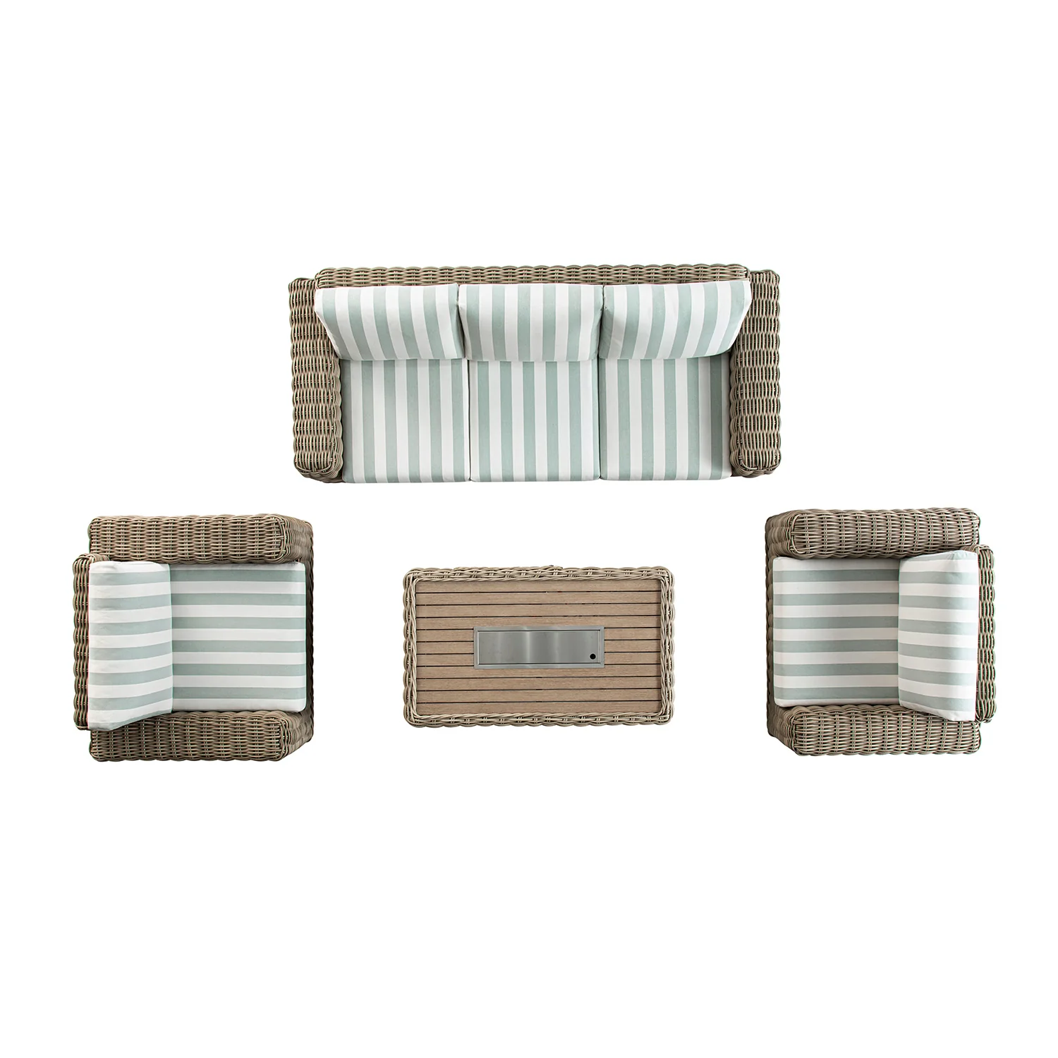 Bellagio Round Wicker Sofa Set with Firepit Coffee Table, Natural with Sage Stripe - Image 6