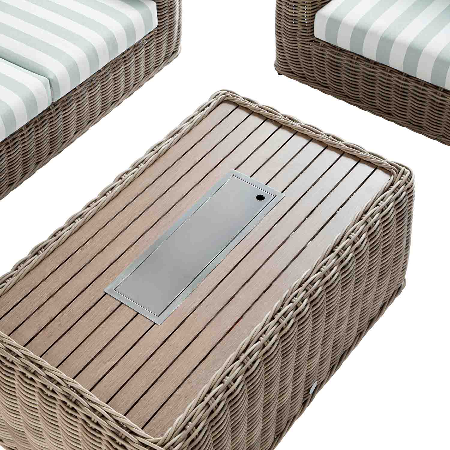 Bellagio Round Wicker Sofa Set with Firepit Coffee Table, Natural with Sage Stripe - Image 8