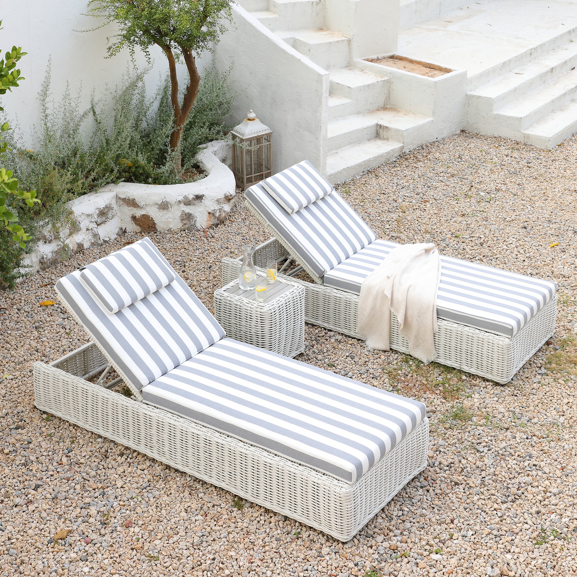 Bellagio Round Wicker Sun Lounger with Headrest, White with Blue Stripes - Image 5