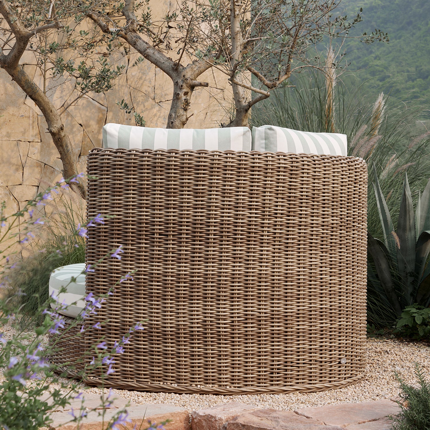 Bellagio Round Wicker Swivel Daybed, Natural with Sage Stripes - Image 5