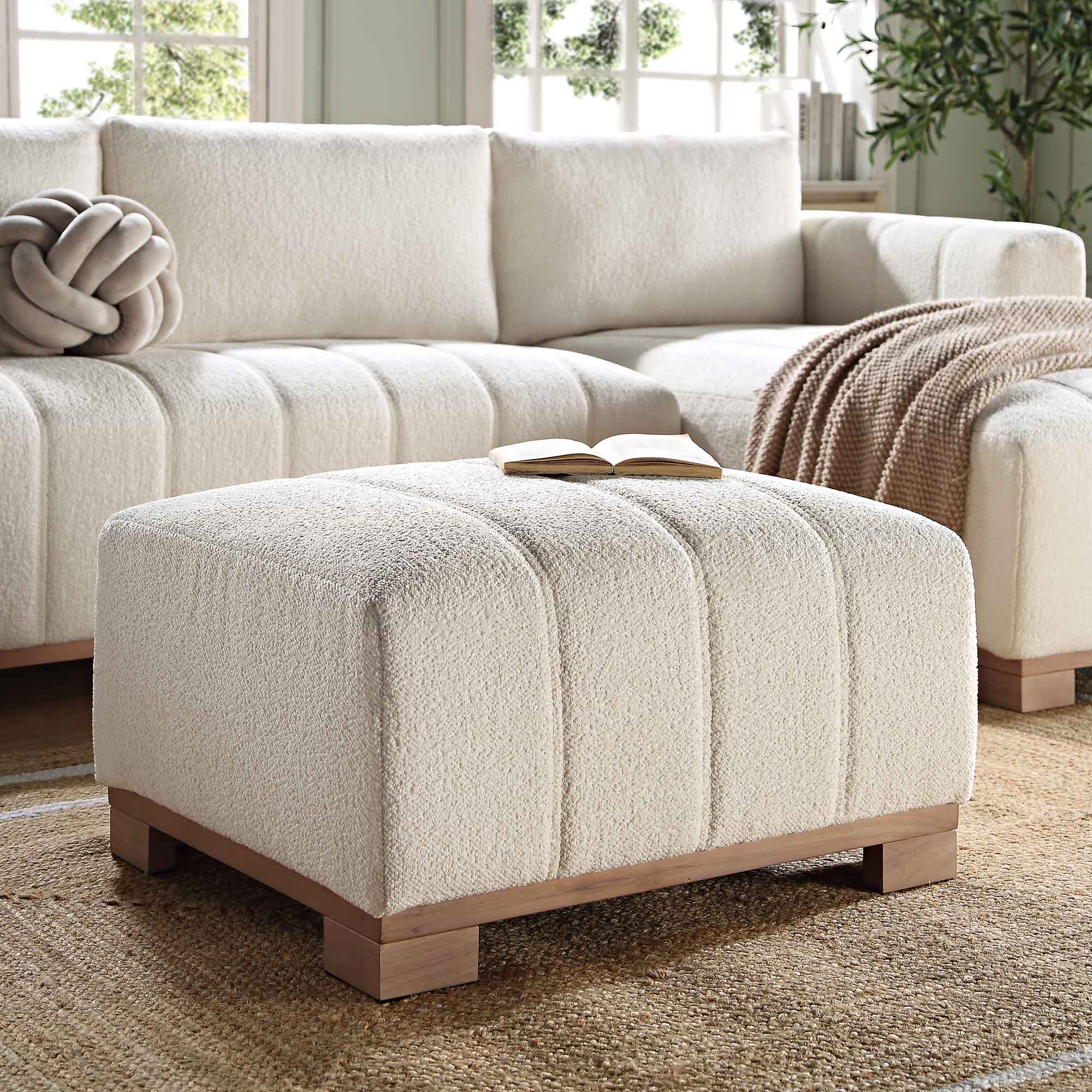 Belsize Beige Boucle Footstool with Wooden Base