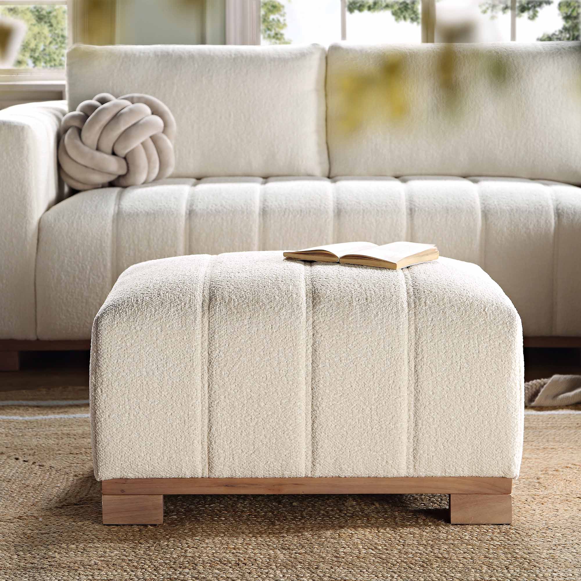 Belsize Beige Boucle Footstool with Wooden Base - Image 2