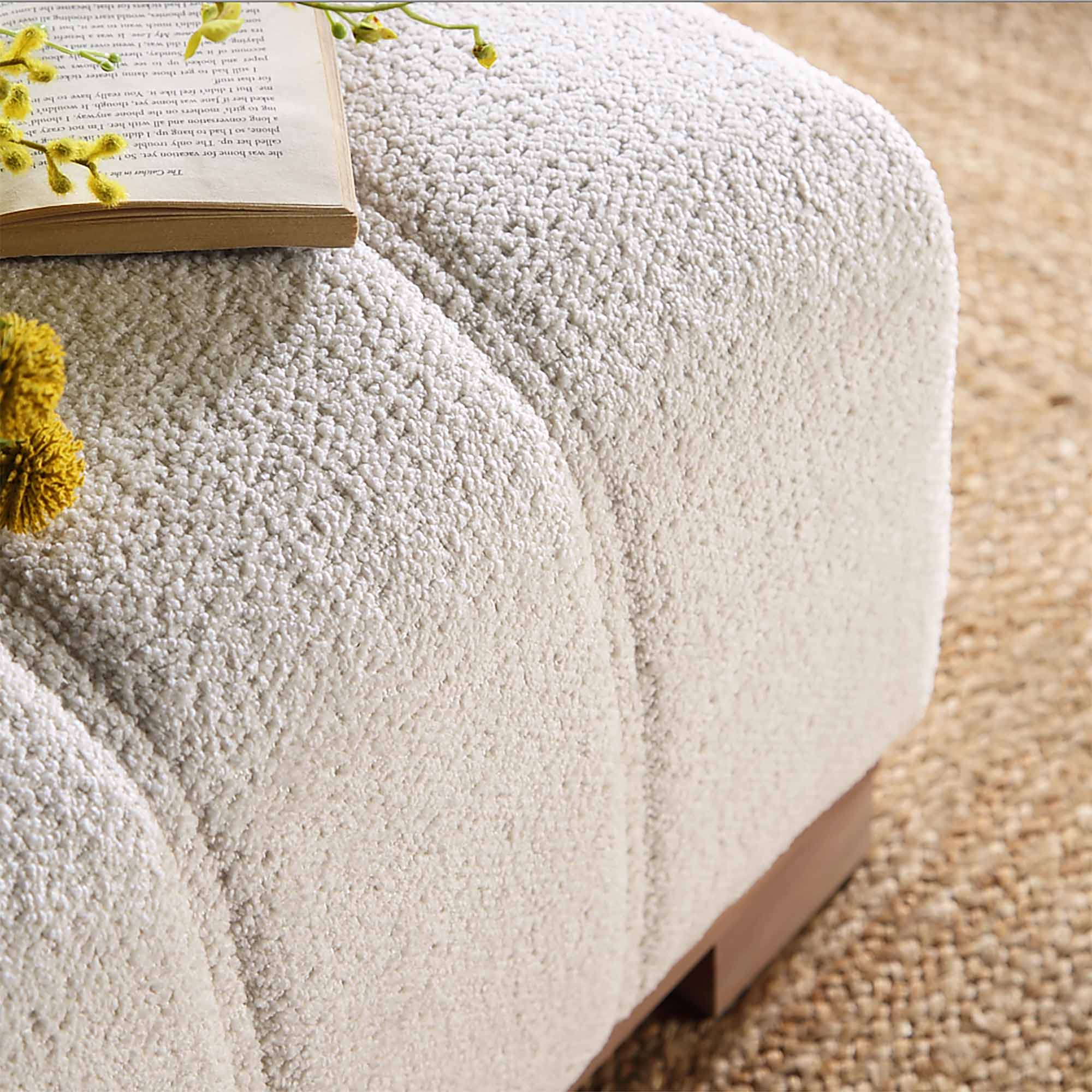 Belsize Beige Boucle Footstool with Wooden Base - Image 4