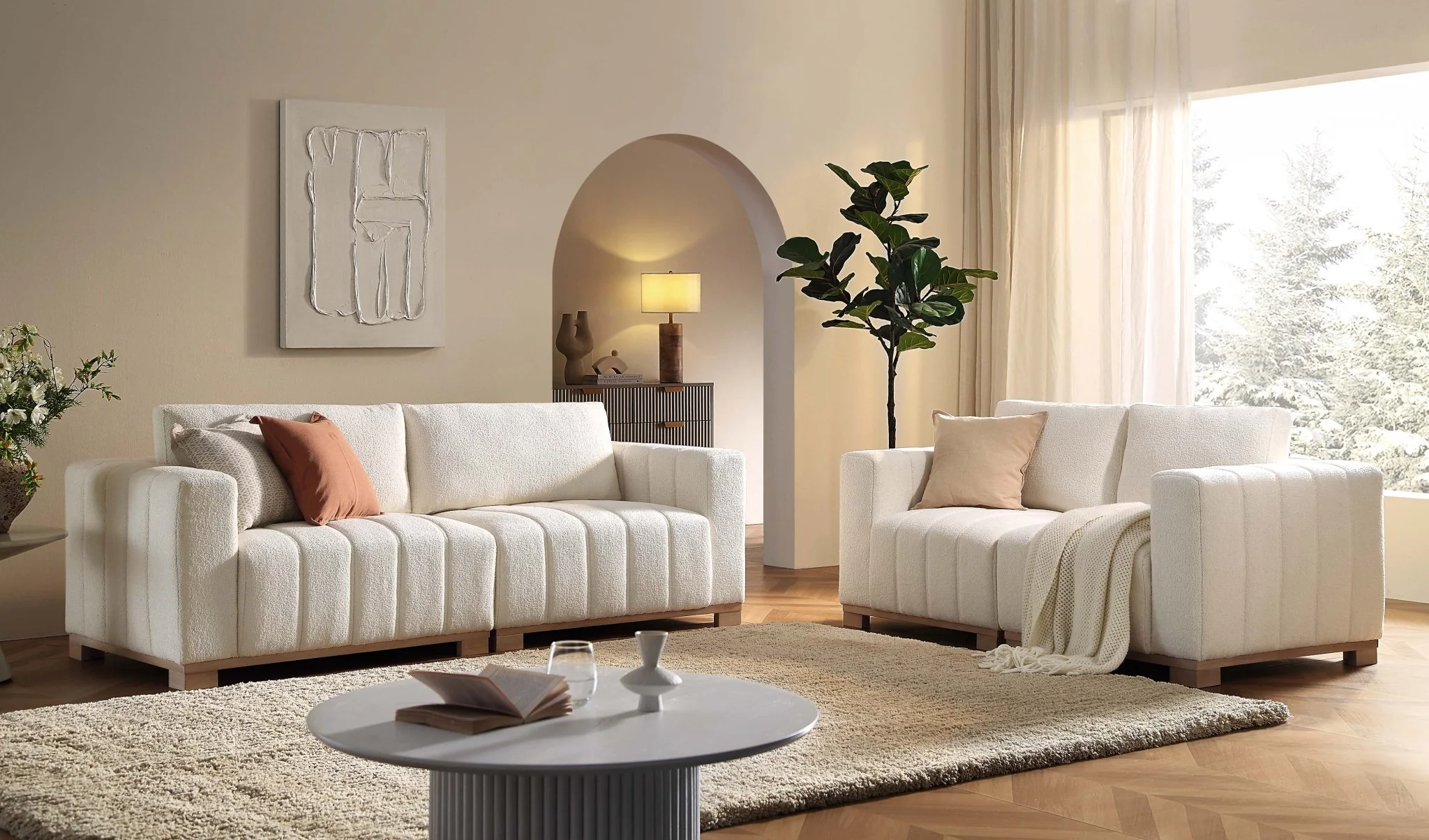 Belsize Beige Boucle Sofa with Wooden Base, 2-Seater - Image 3