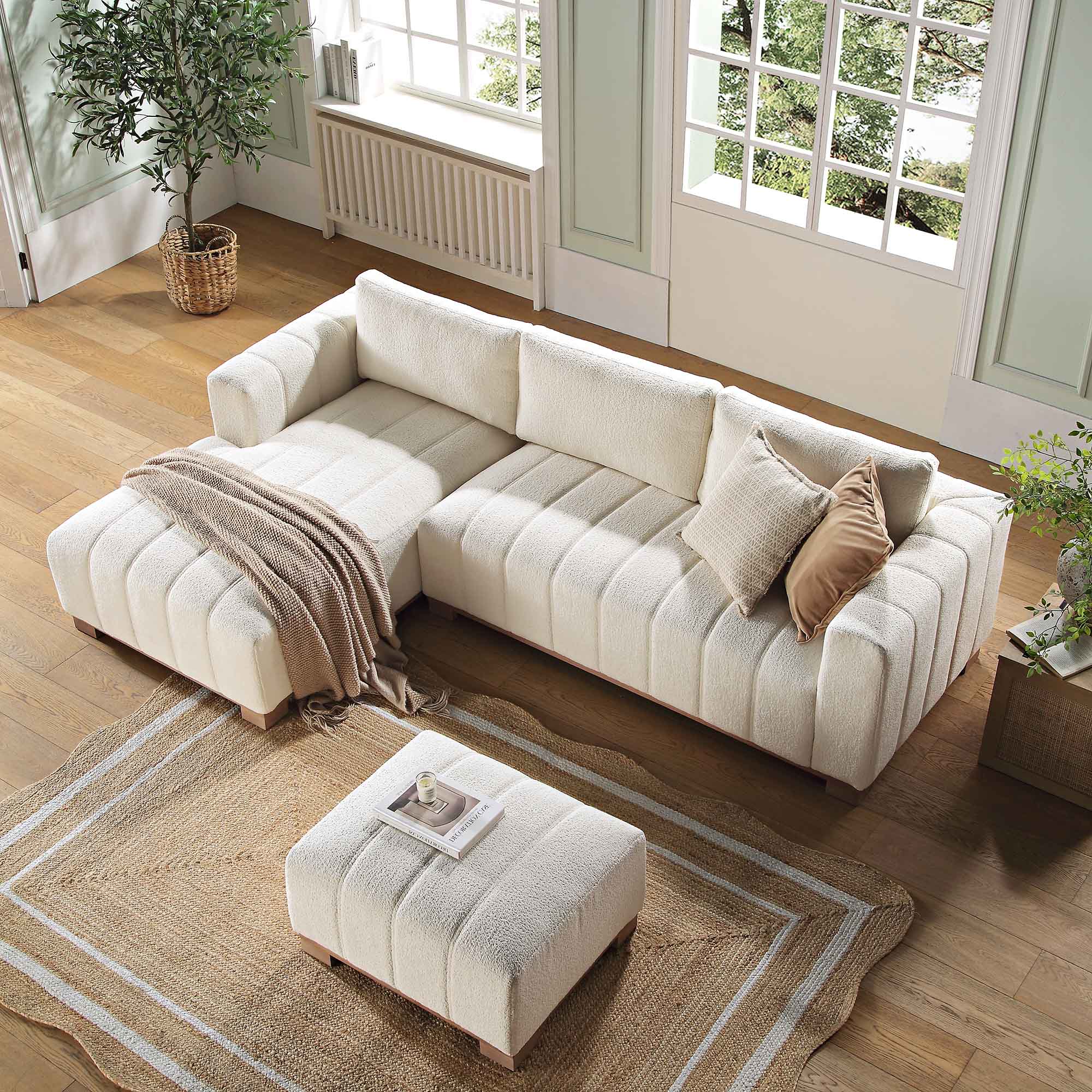 Belsize Beige Boucle Sofa with Wooden Base, Large Chaise Left Hand Facing - Image 3