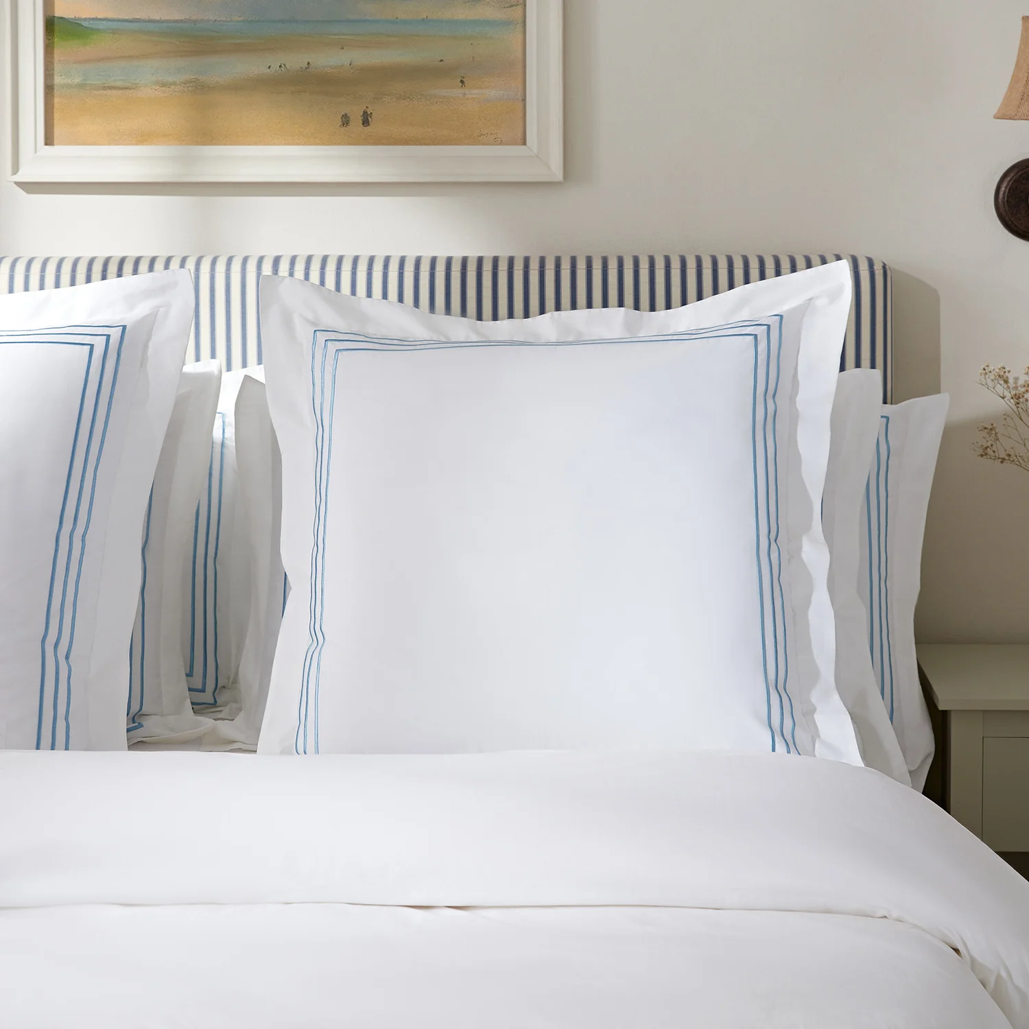 Belvedere Royal Blue Cord Embroidered 300 Thread Count Cotton Percale Continental Square Pillowcases - Pair - Image 2