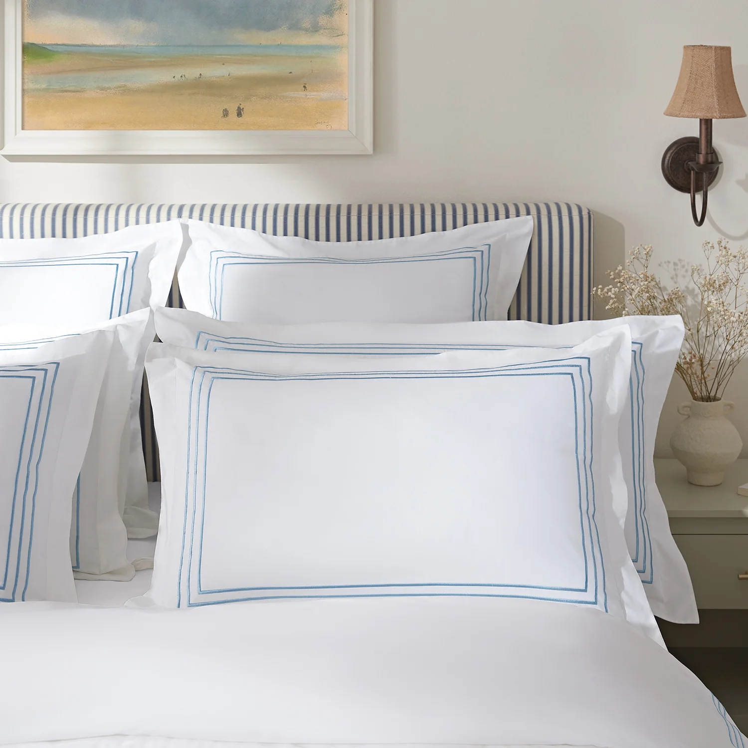 Belvedere Royal Blue Cord Embroidered 300 Thread Count Cotton Percale Oxford Pillowcases - Pair - Image 2