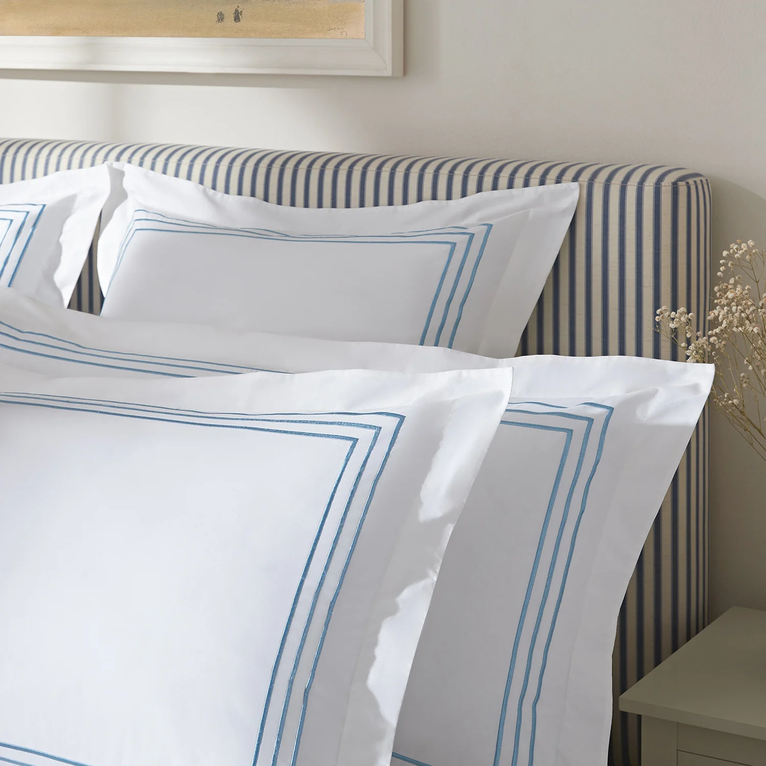 Belvedere Royal Blue Cord Embroidered 300 Thread Count Cotton Percale Oxford Pillowcases - Pair - Image 4