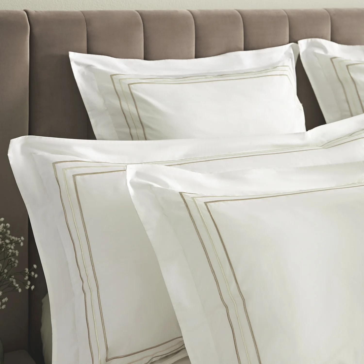 Belvedere Champagne Gold Cord Embroidered 300 Thread Count Cotton Percale Continental Square Pillowcases - Pair - Image 2