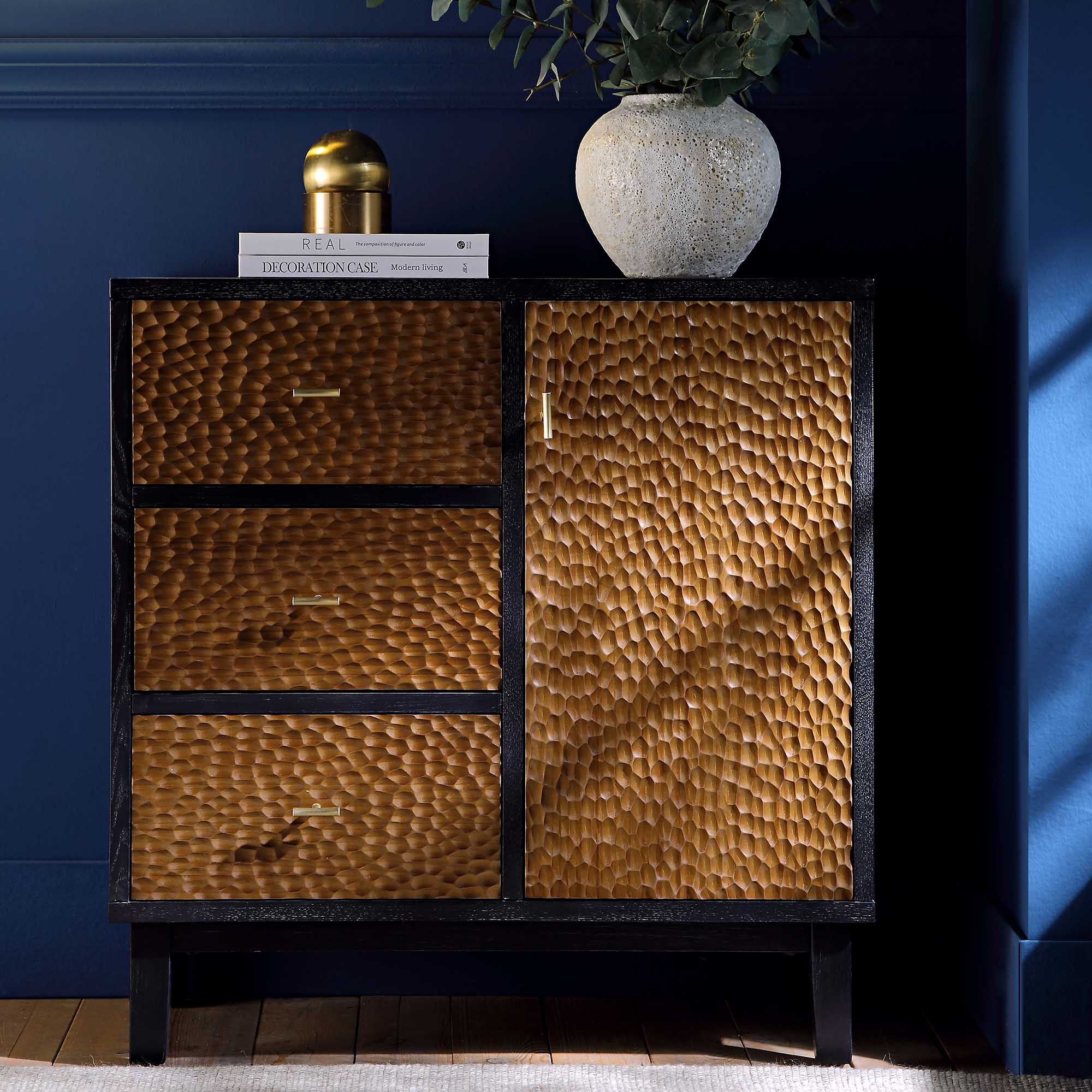 Bianca Chip Carved 1 Door 3 Drawer Small Sideboard, Antique Bronze & Black - Image 2