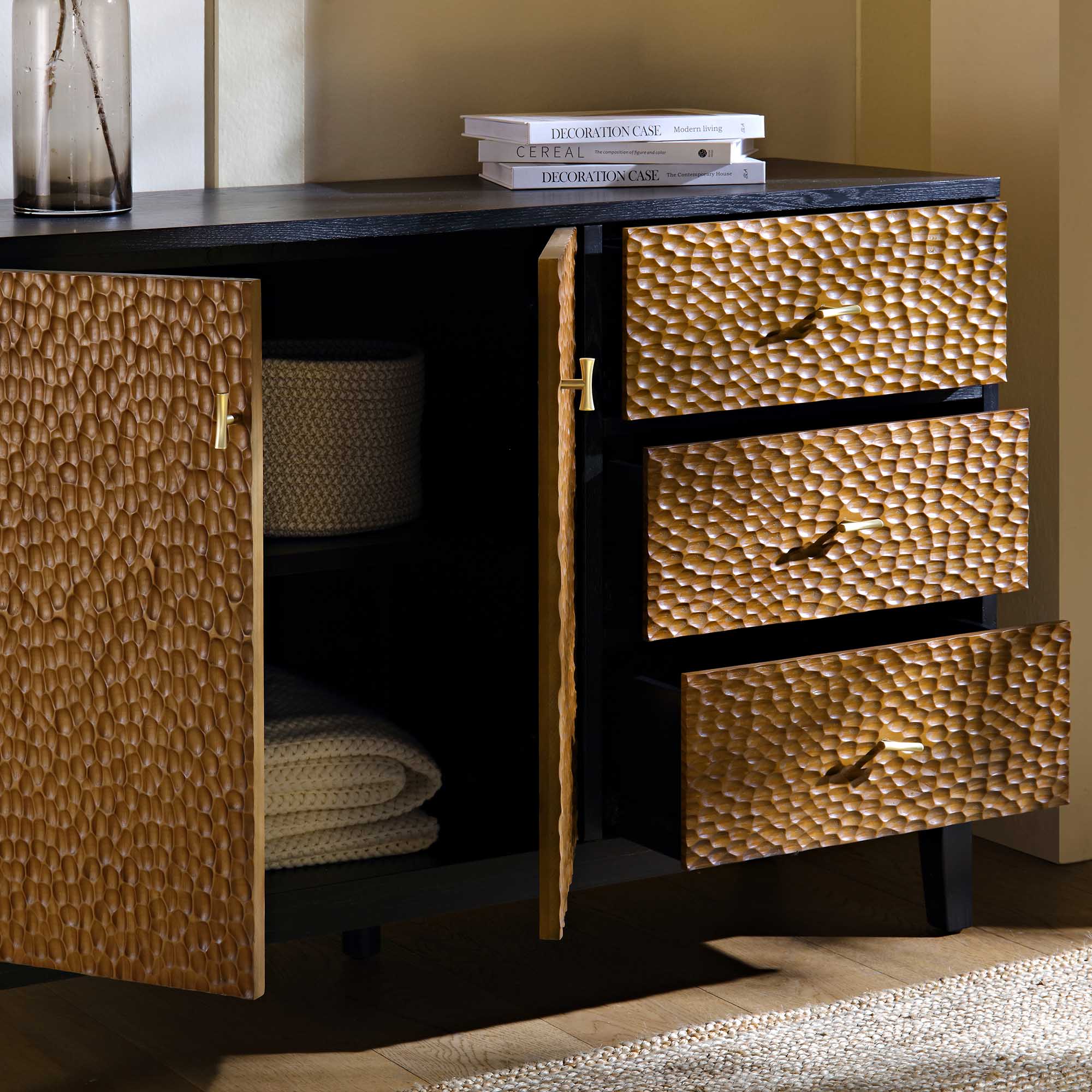 Bianca Chip Carved 2-Door 3-Drawer Sideboard, Antique Bronze & Black - Image 3