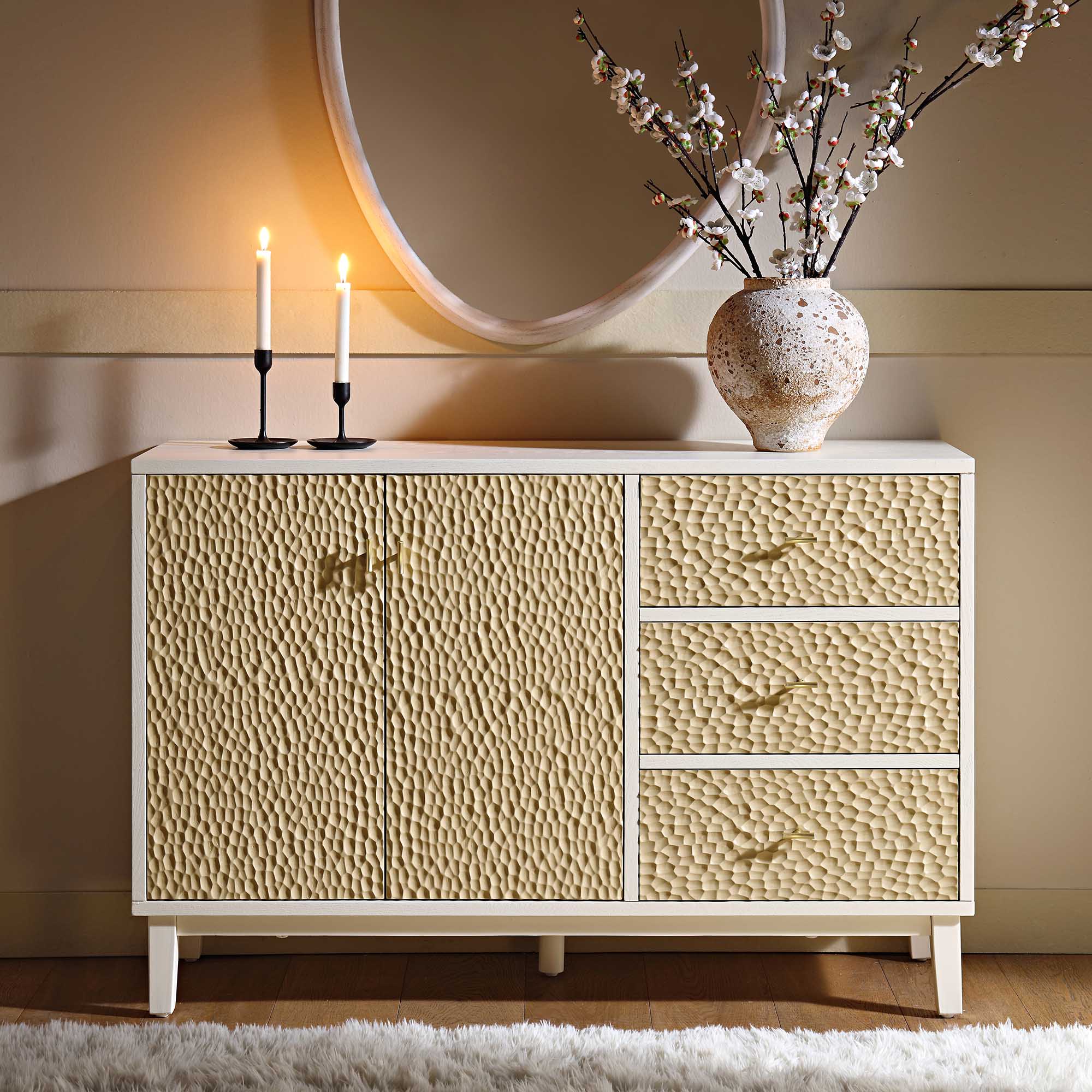 Bianca Chip Carved 2-Door 3-Drawer Sideboard, Sand Beige & Ivory - Image 2