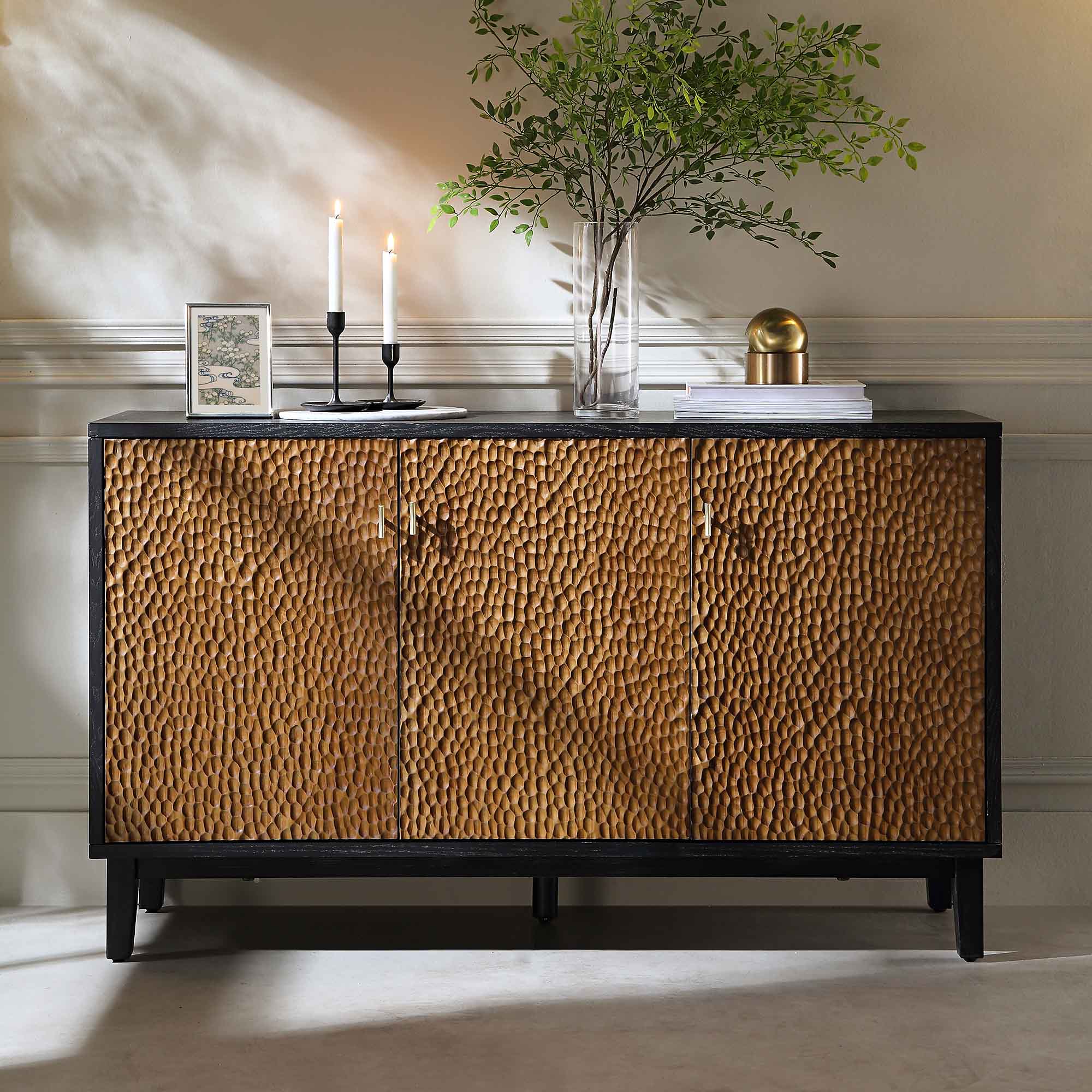 Bianca Chip Carved 3 Door Sideboard, Antique Bronze & Black - Image 2