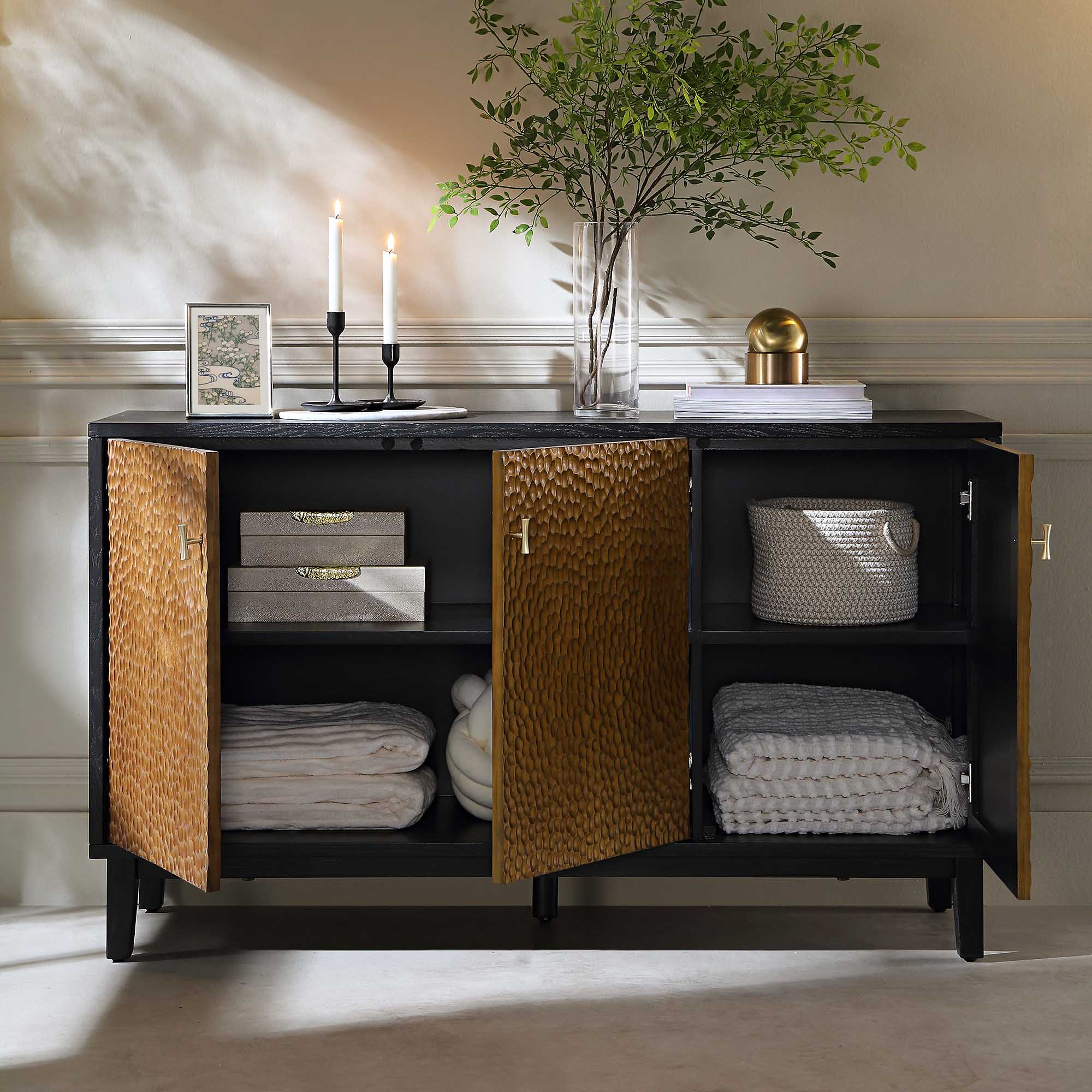 Bianca Chip Carved 3 Door Sideboard, Antique Bronze & Black - Image 3