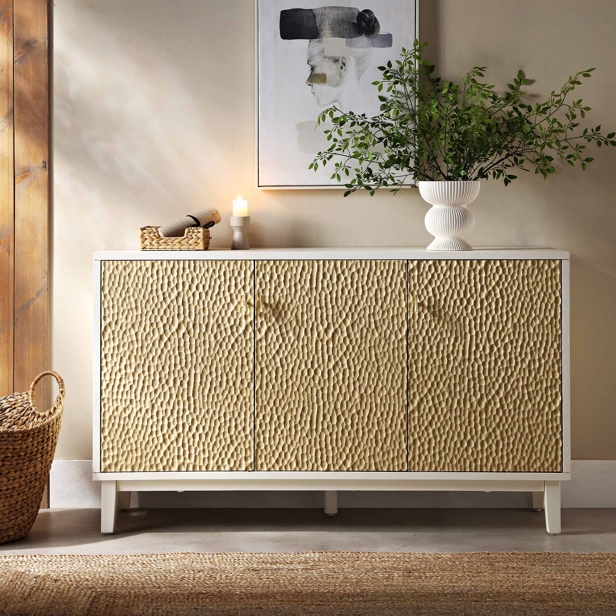 Bianca Chip Carved 3 Door Sideboard, Sand Beige & Ivory - Image 2