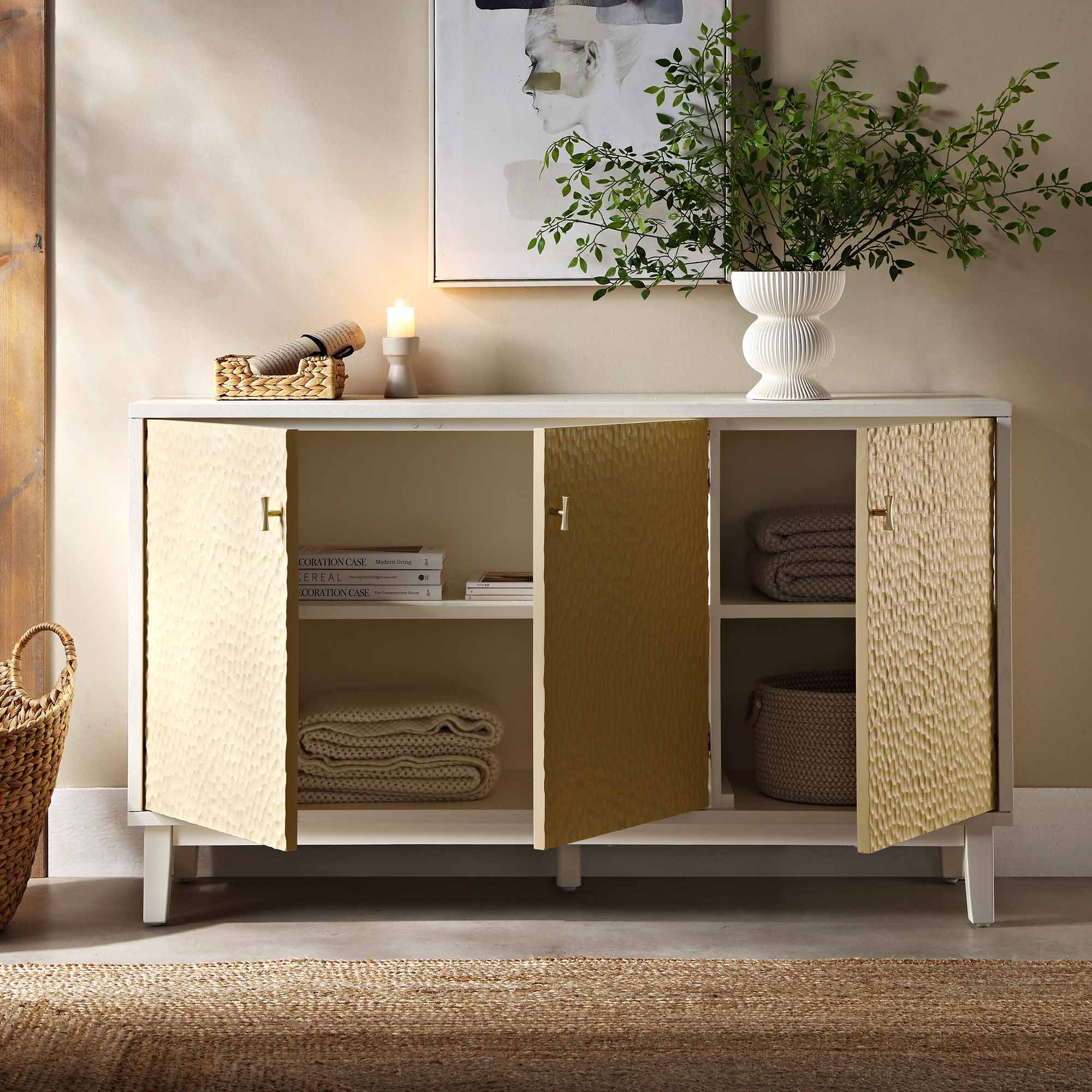 Bianca Chip Carved 3 Door Sideboard, Sand Beige & Ivory - Image 3