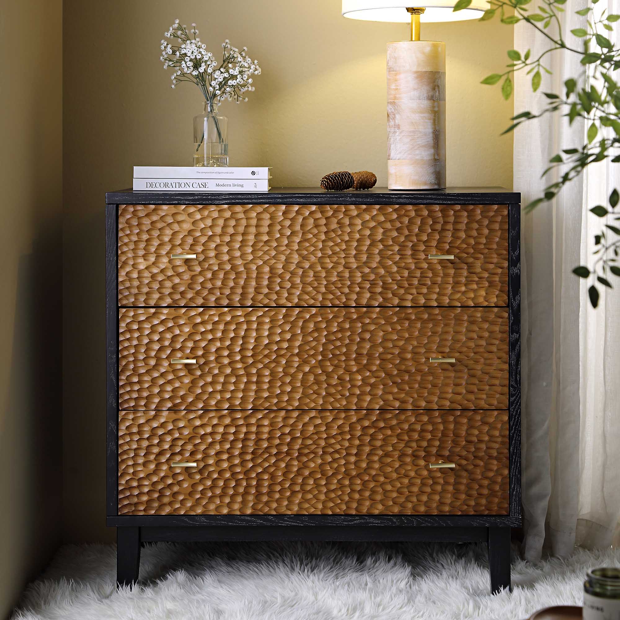 Bianca Chip Carved 3 Drawer Chest, Antique Bronze & Black - Image 2