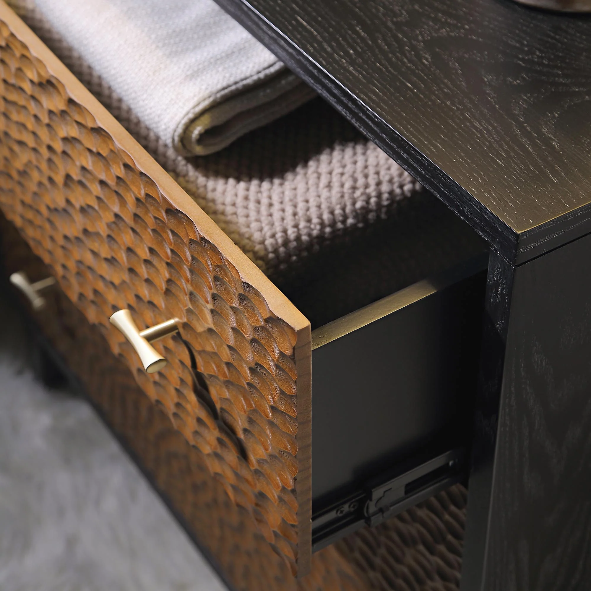 Bianca Chip Carved 3 Drawer Chest, Antique Bronze & Black - Image 3