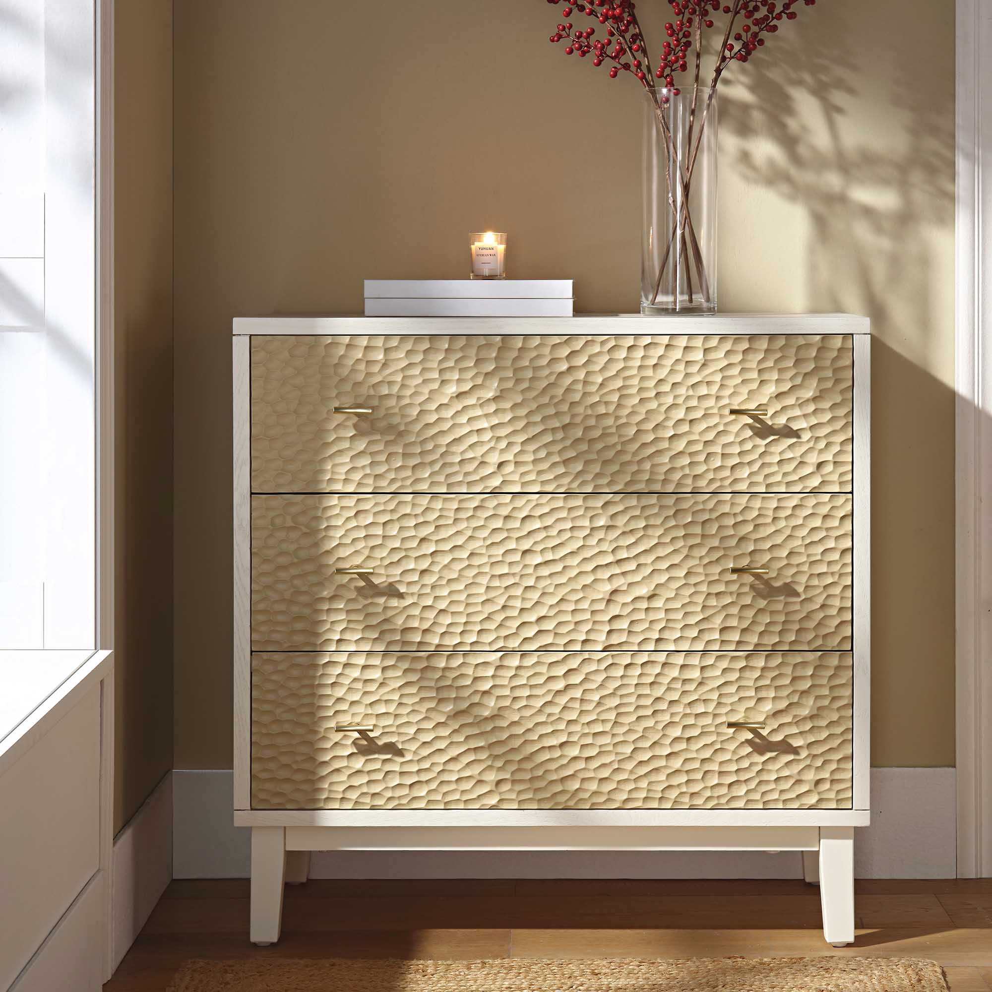 Bianca Chip Carved 3 Drawer Chest, Sand Beige & Ivory - Image 2