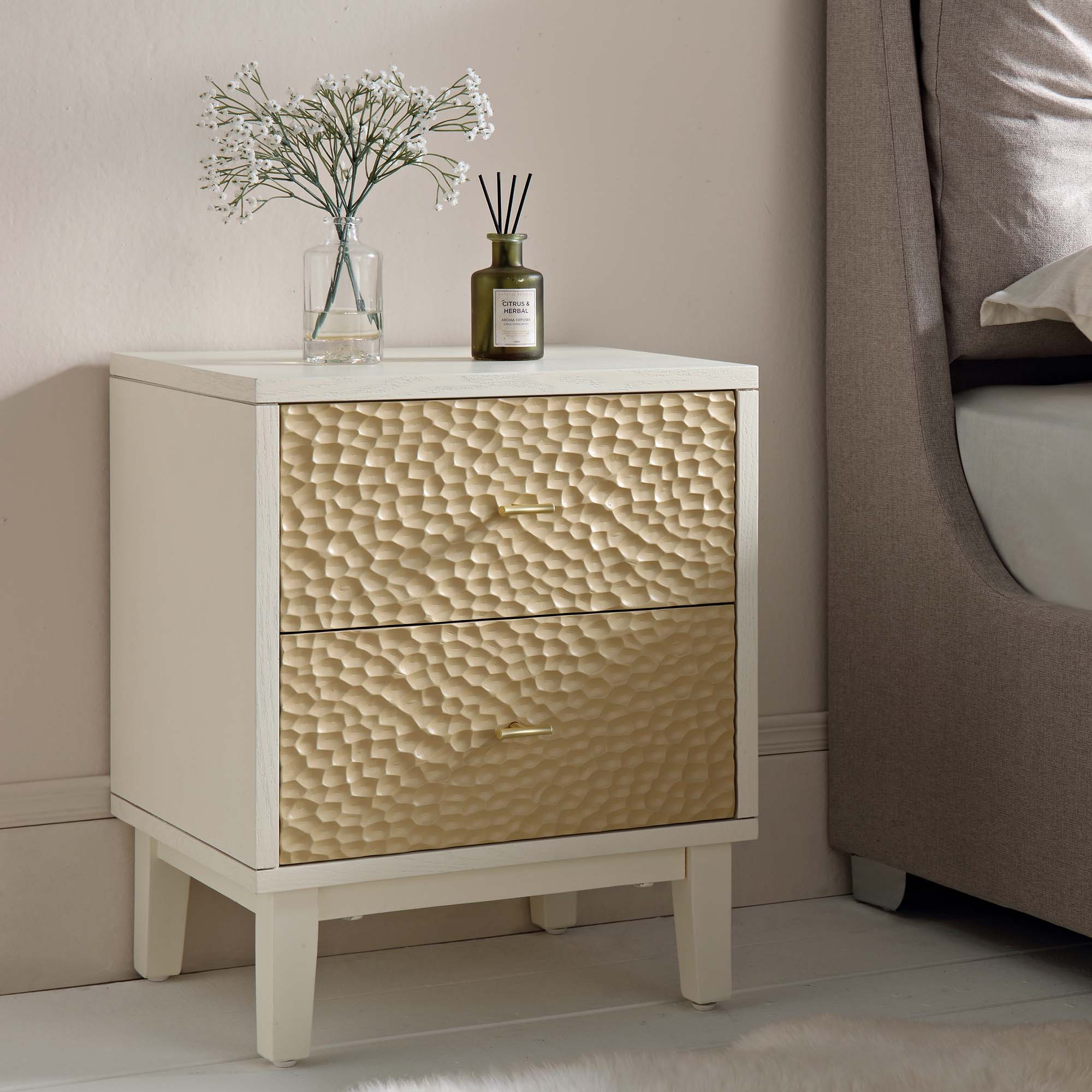 Bianca Chip Carved Bedside Table, Sand Beige & Ivory - Image 2
