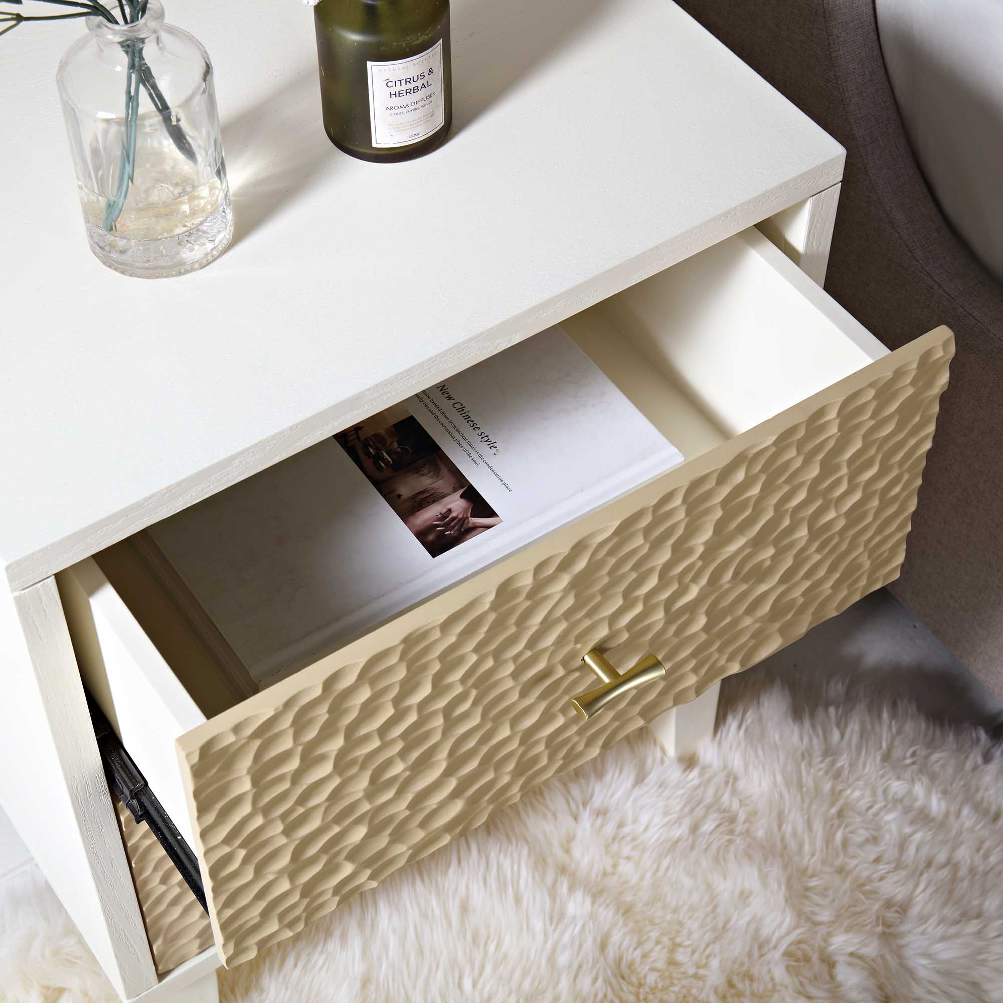 Bianca Chip Carved Bedside Table, Sand Beige & Ivory - Image 3