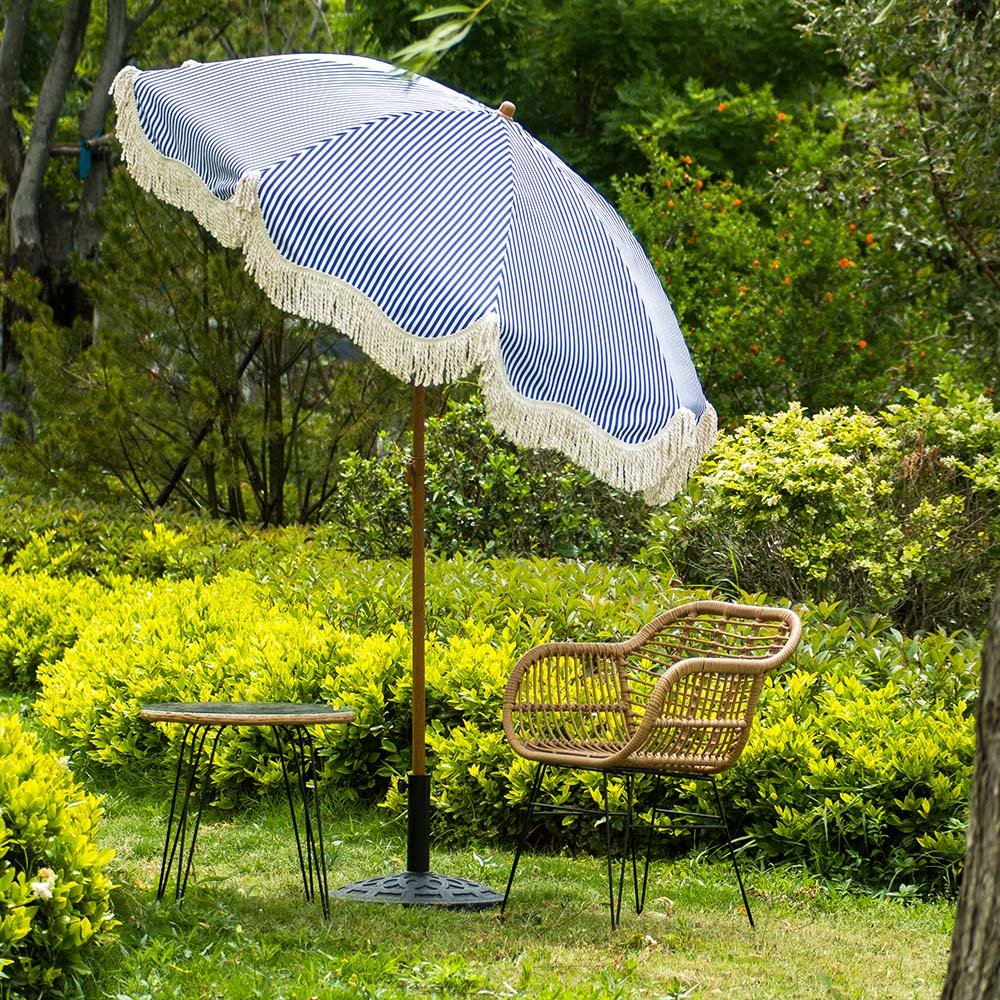 Gabriel Blue and White Striped Fringed Parasol with Tilt - Image 2