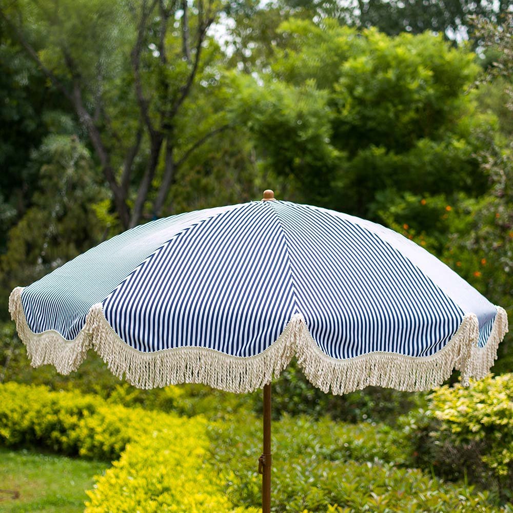 Gabriel Blue and White Striped Fringed Parasol with Tilt - Image 5