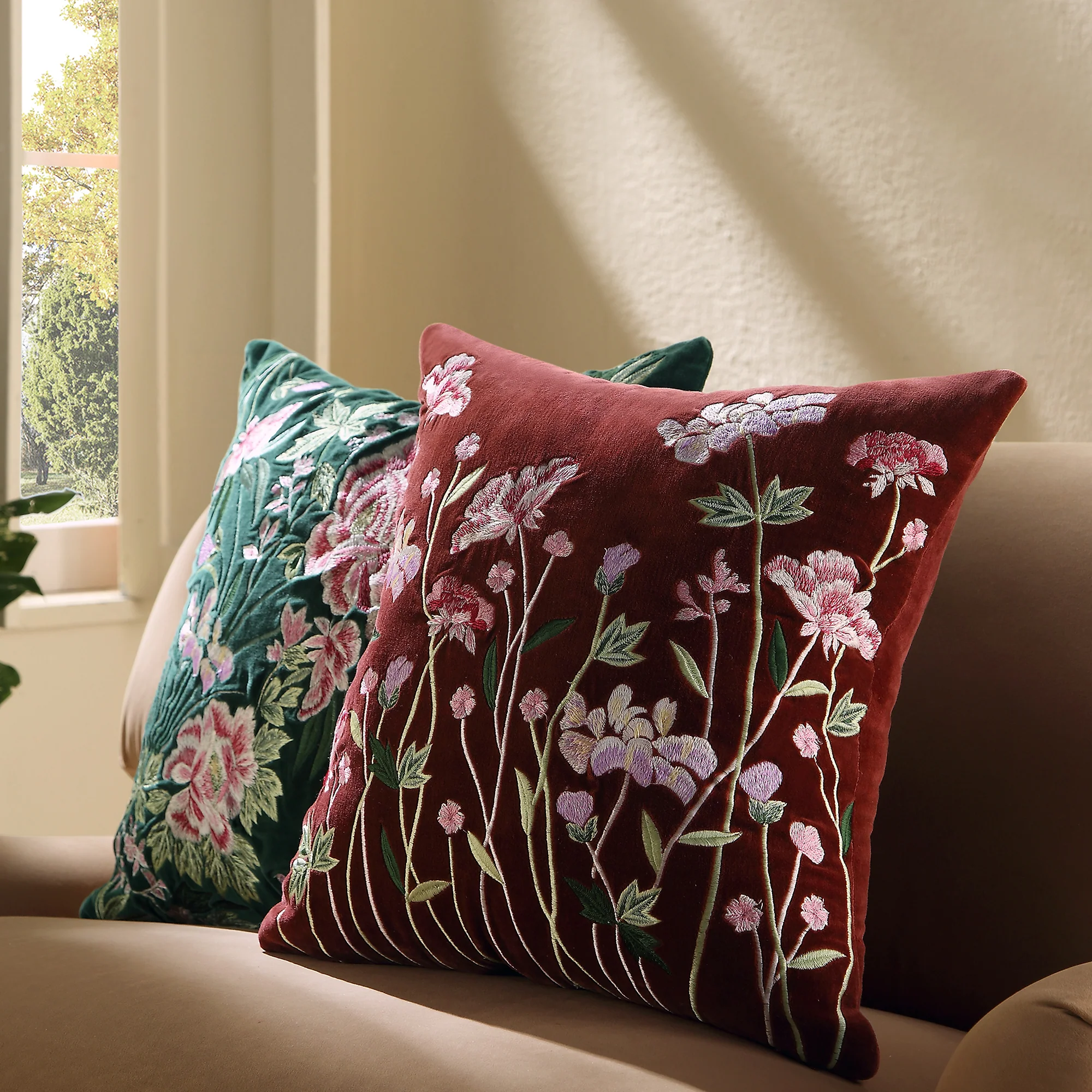 Botanica Collection Mulberry Velvet Hand Embroidered Cushion - Image 2