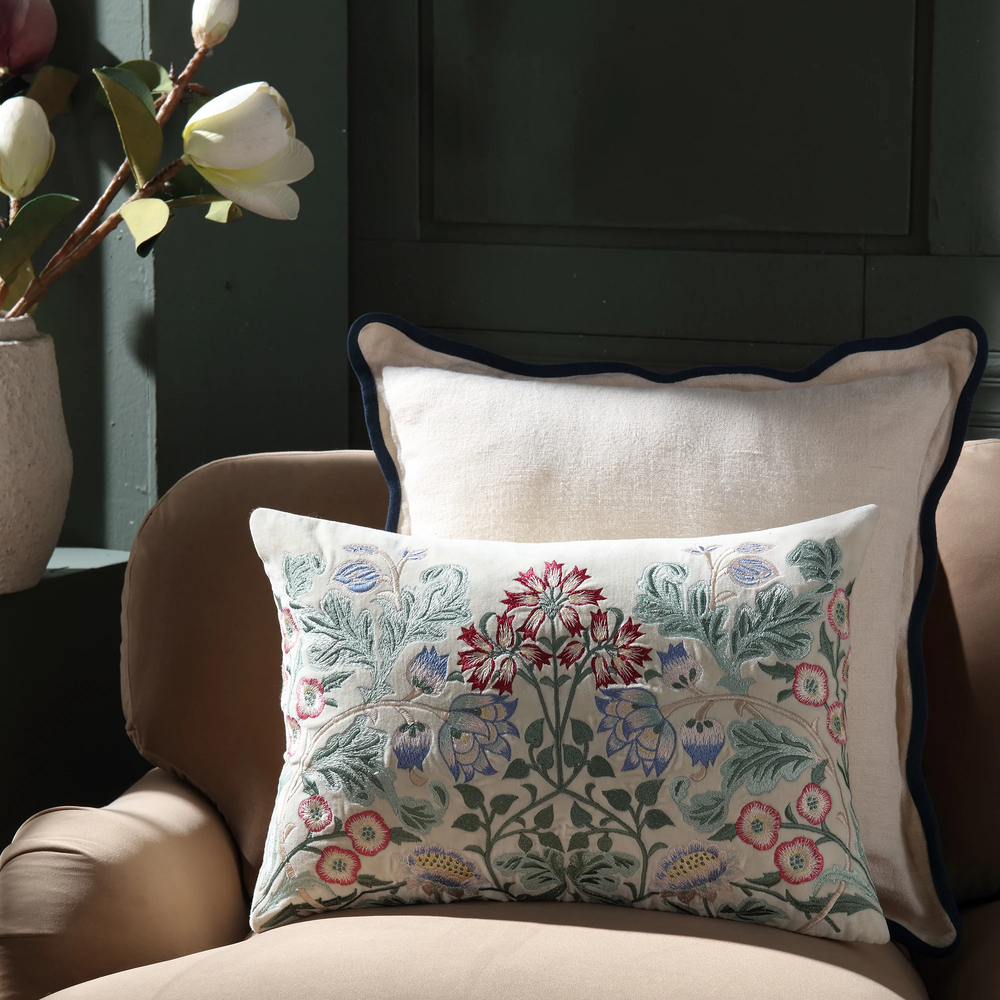 Botanica Collection Pearl Velvet Hand Embroidered Cushion - Image 2