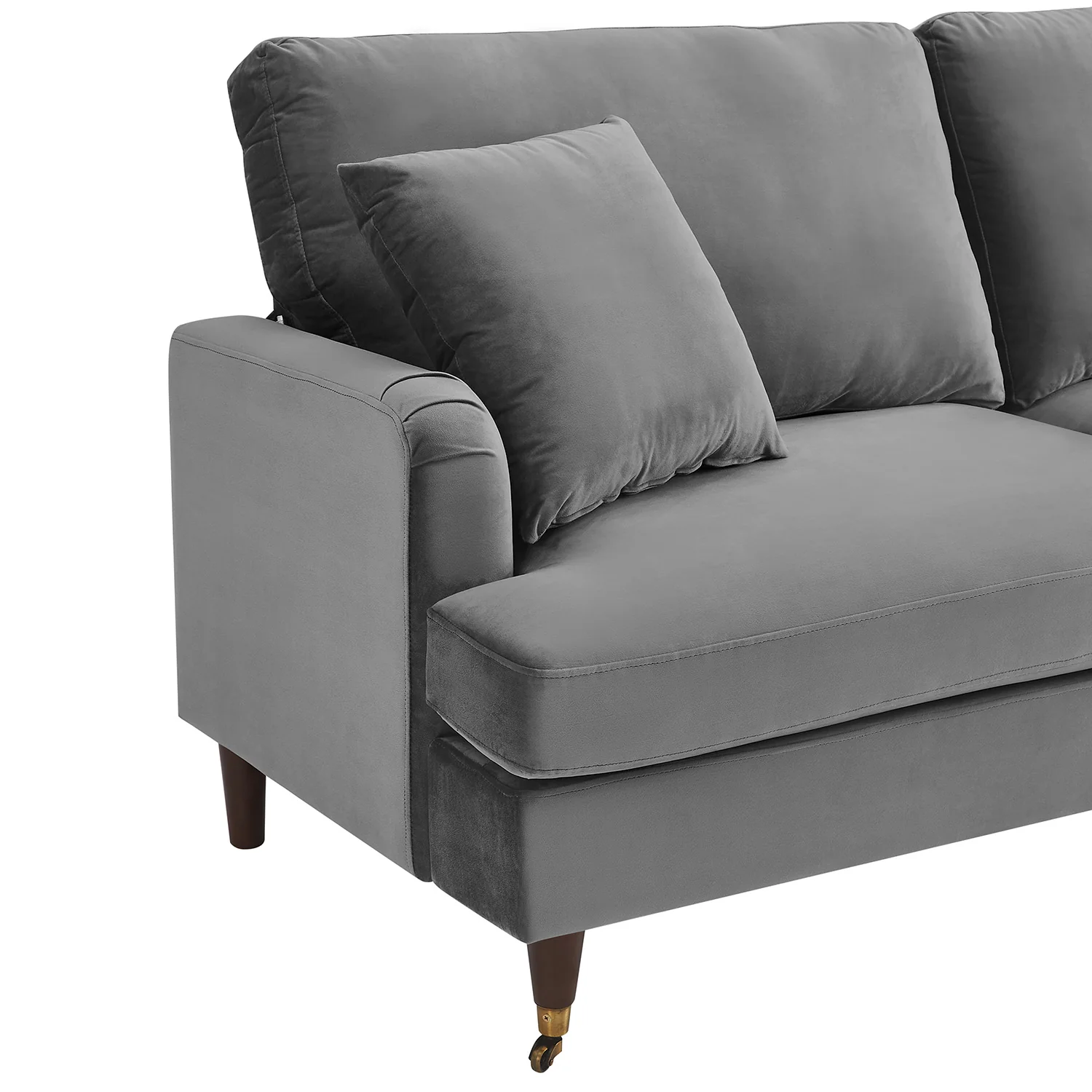 Brigette 2-Seater Grey Velvet Sofa with Antique Brass Castor Legs - Image 9
