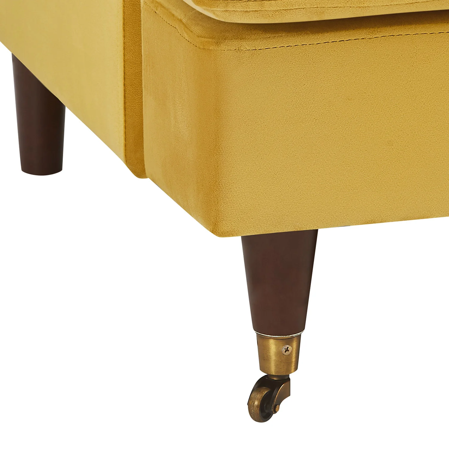 Brigette 2-Seater Mustard Velvet Sofa with Antique Brass Castor Legs - Image 10