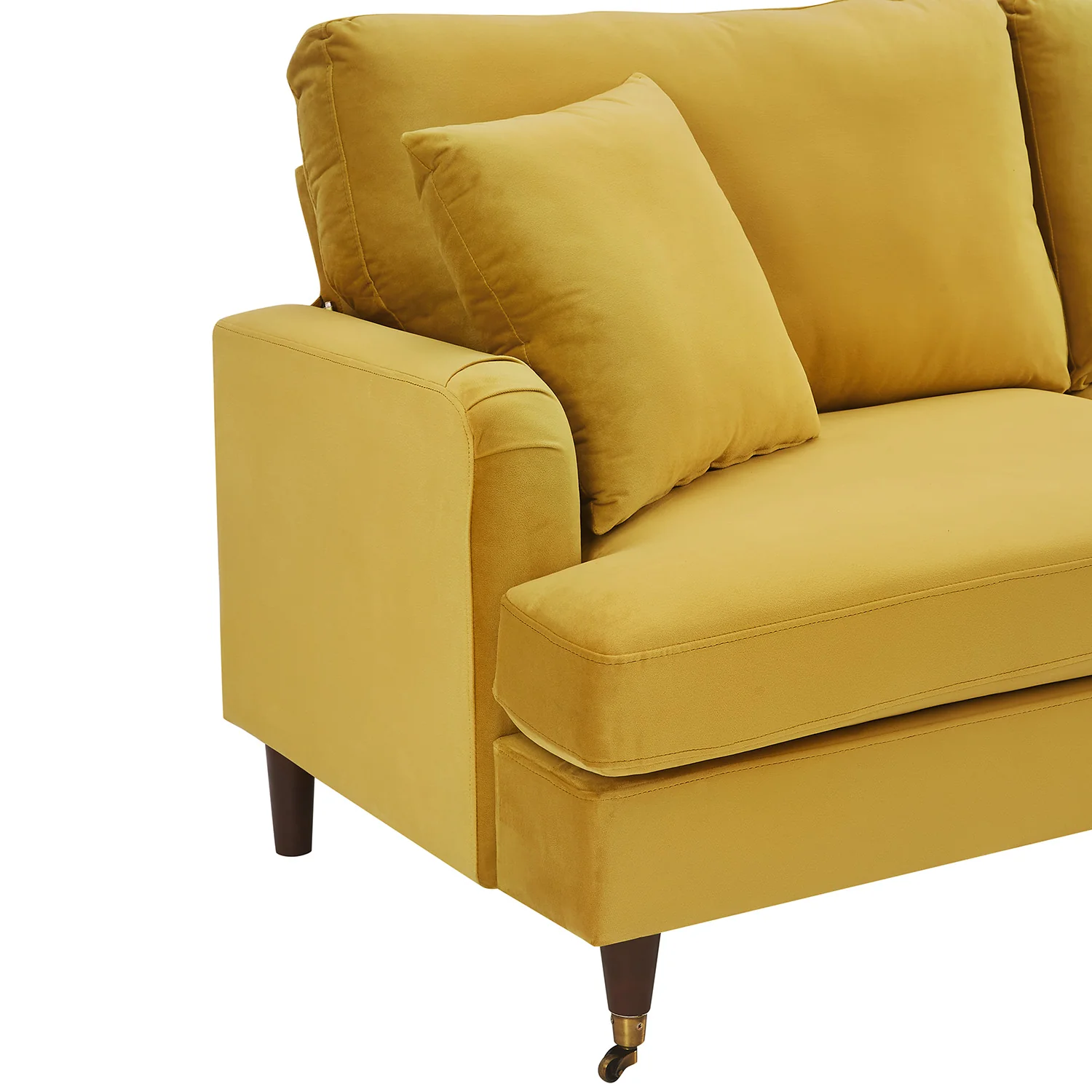 Brigette 2-Seater Mustard Velvet Sofa with Antique Brass Castor Legs - Image 8