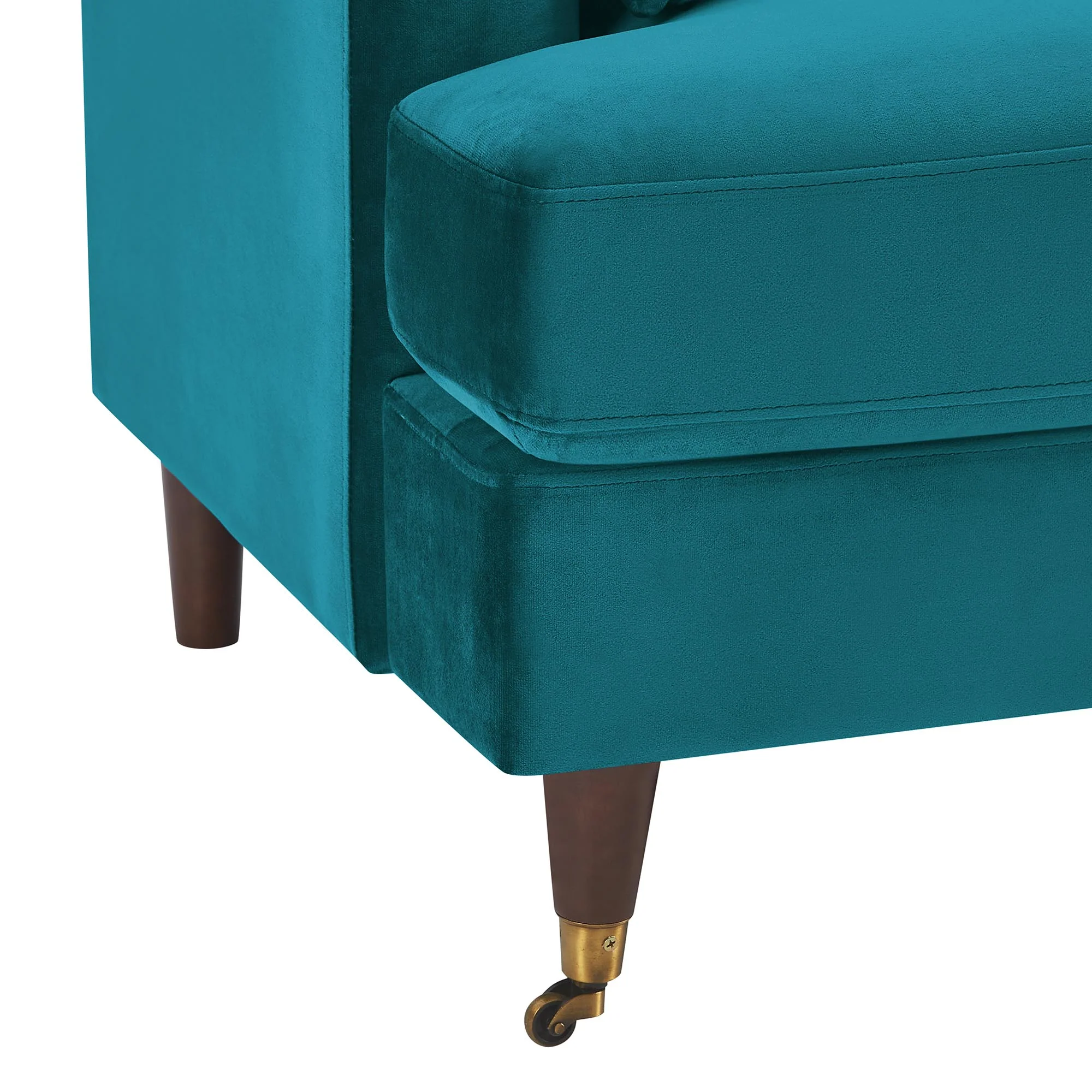 Brigette 2-Seater Teal Velvet Sofa with Antique Brass Castor Legs - Image 10