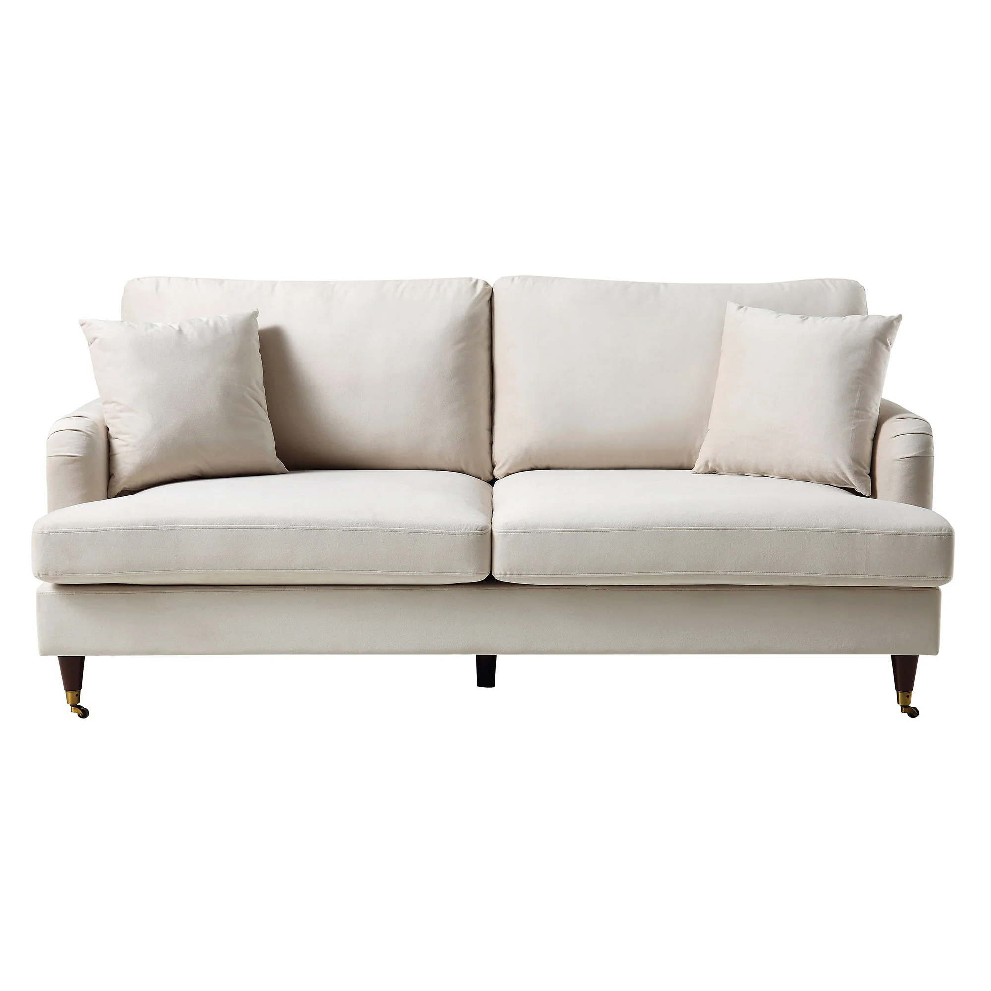 Brigette 3-Seater Beige Velvet Sofa with Antique Brass Castor Legs - Image 4