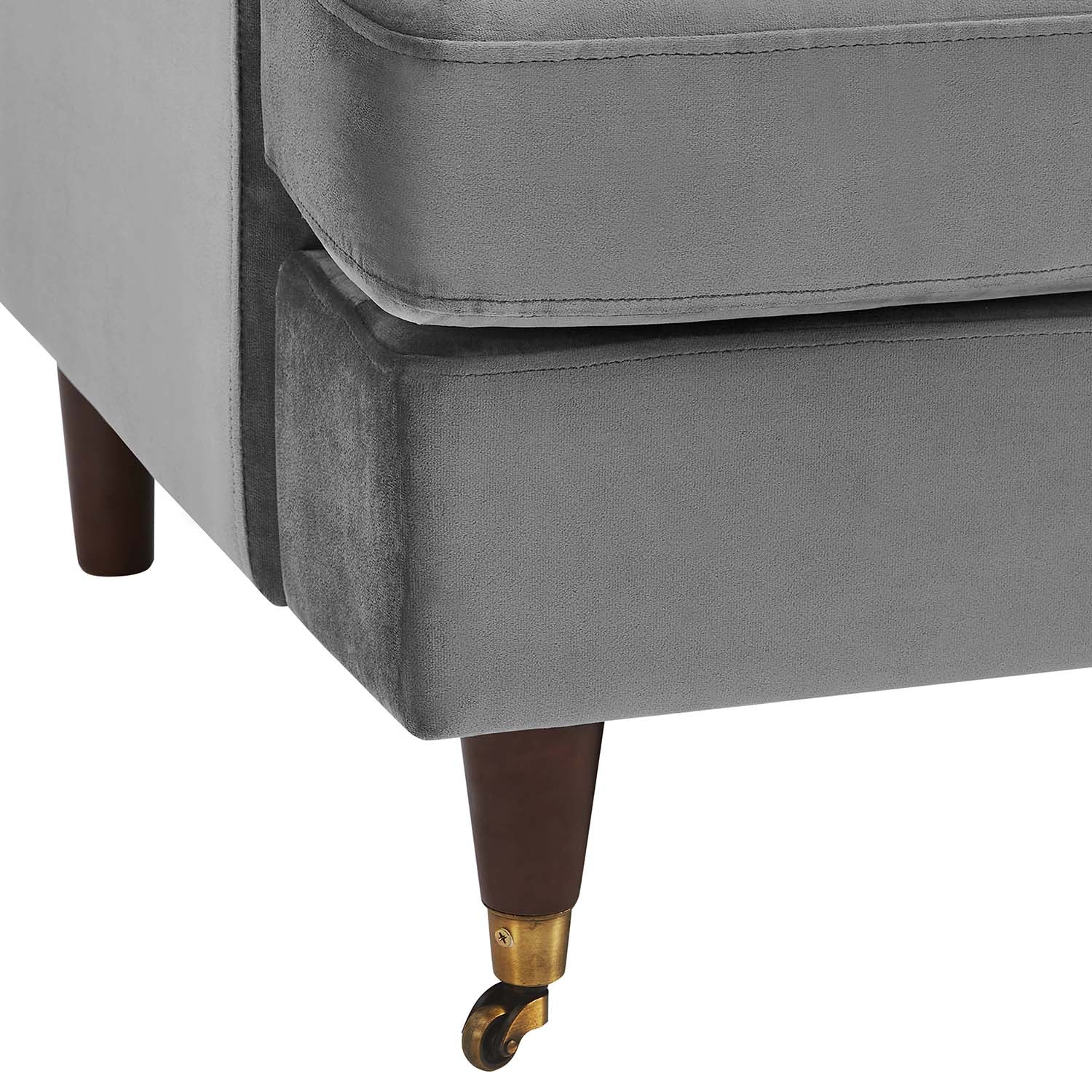 Brigette 3 Seater Grey Velvet Sofa with Antique Brass Castor Legs - Image 10