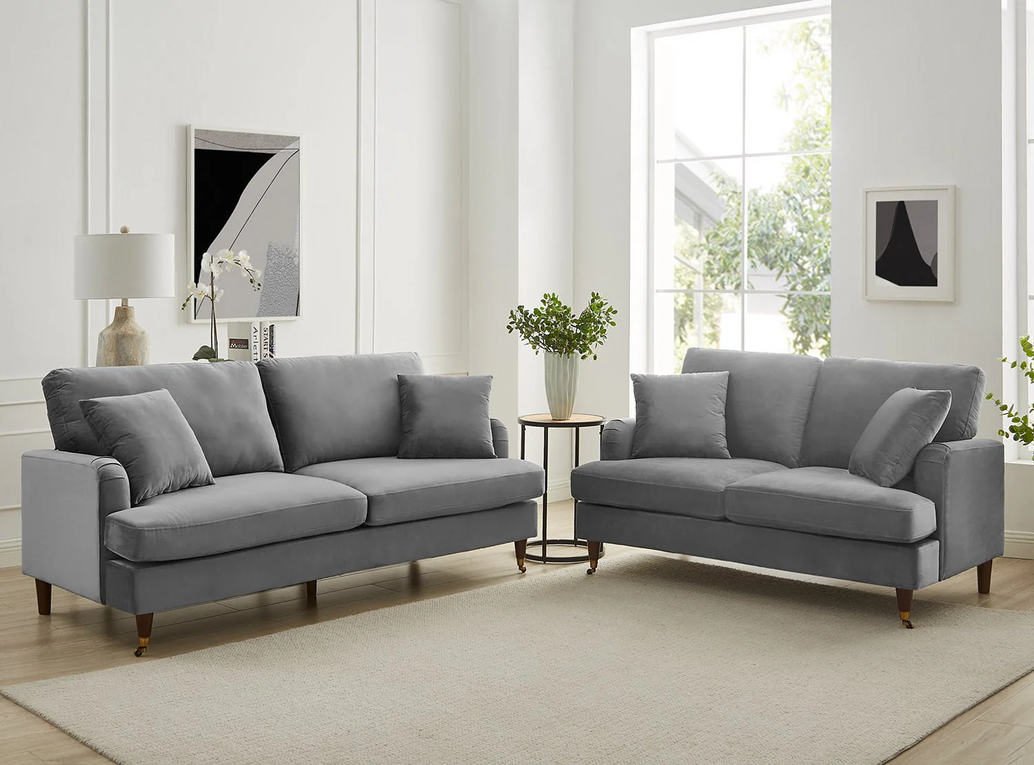 Brigette 2-Seater Grey Velvet Sofa with Antique Brass Castor Legs - Image 3