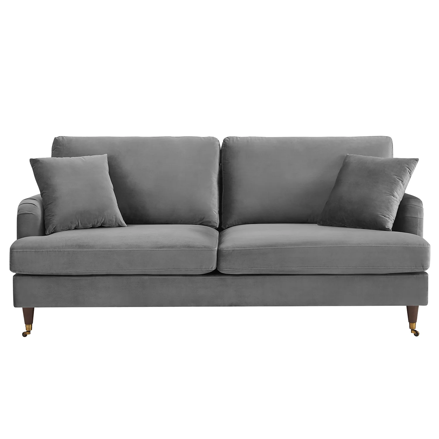Brigette 3 Seater Grey Velvet Sofa with Antique Brass Castor Legs - Image 4