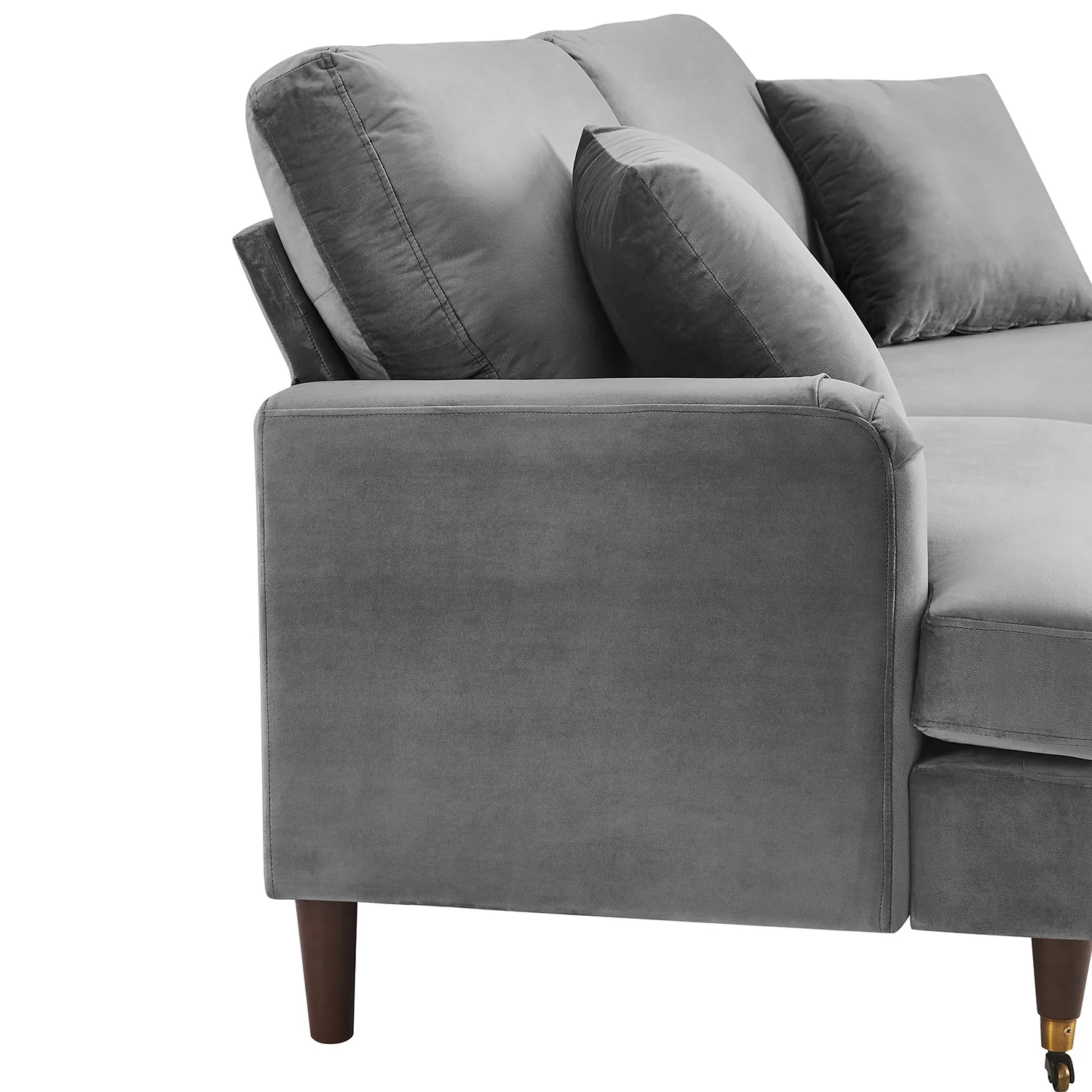 Brigette 3 Seater Grey Velvet Sofa with Antique Brass Castor Legs - Image 8