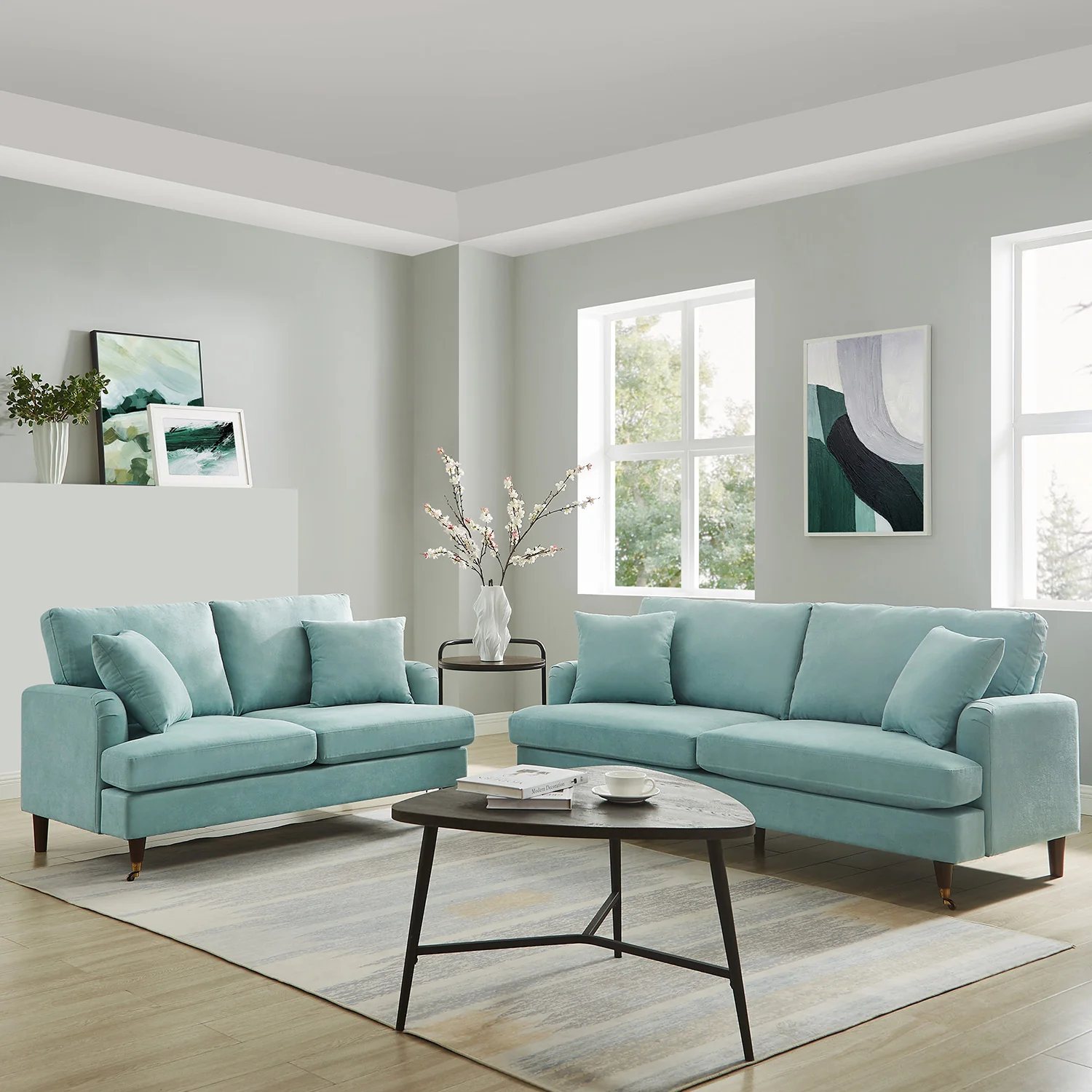 Brigette 2-Seater Mint Soft Brushed Sofa with Antique Brass Castor Legs - Image 3